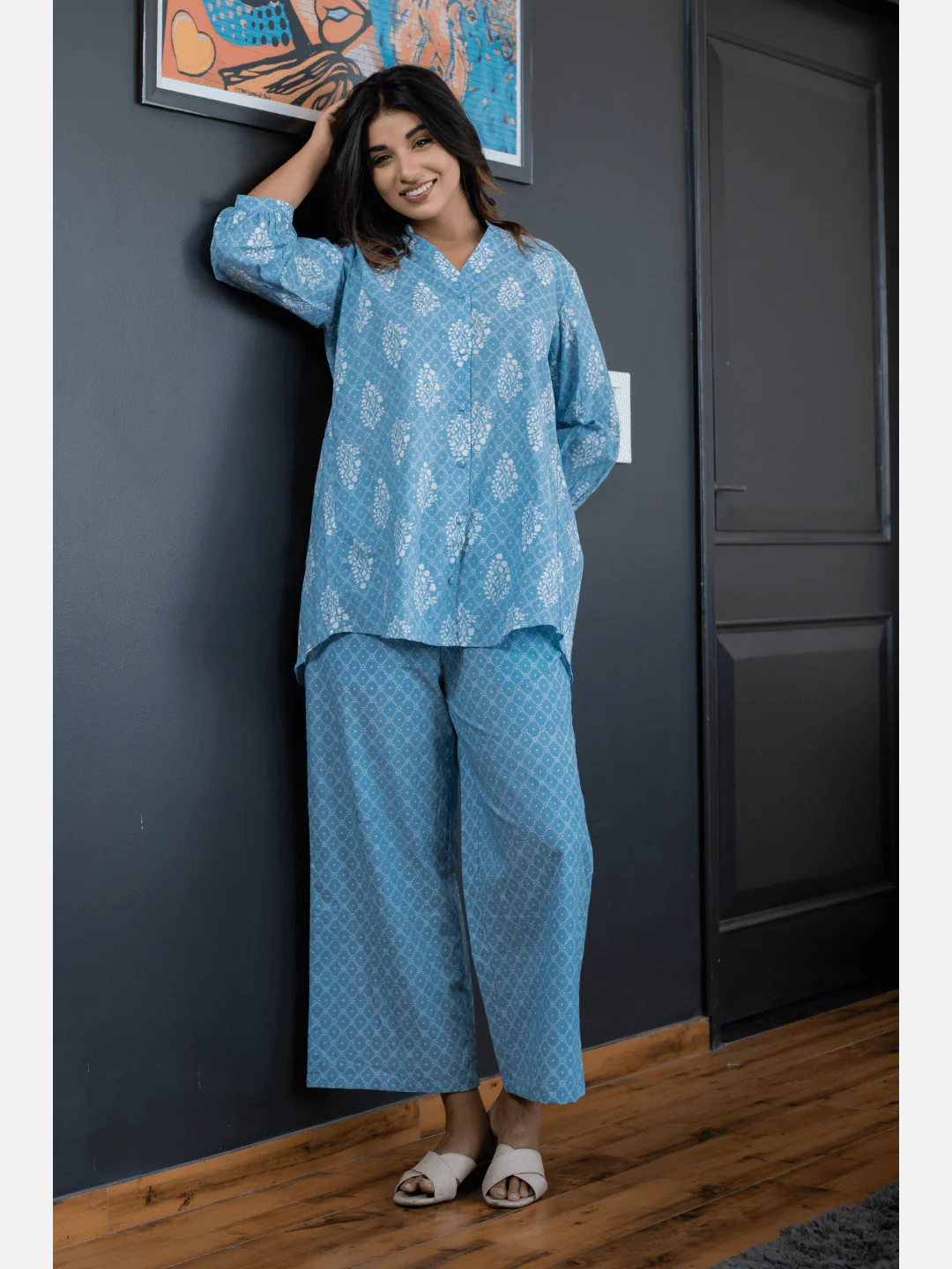 back pleated Sky Blue Pure Cotton Loungewear - Image 12