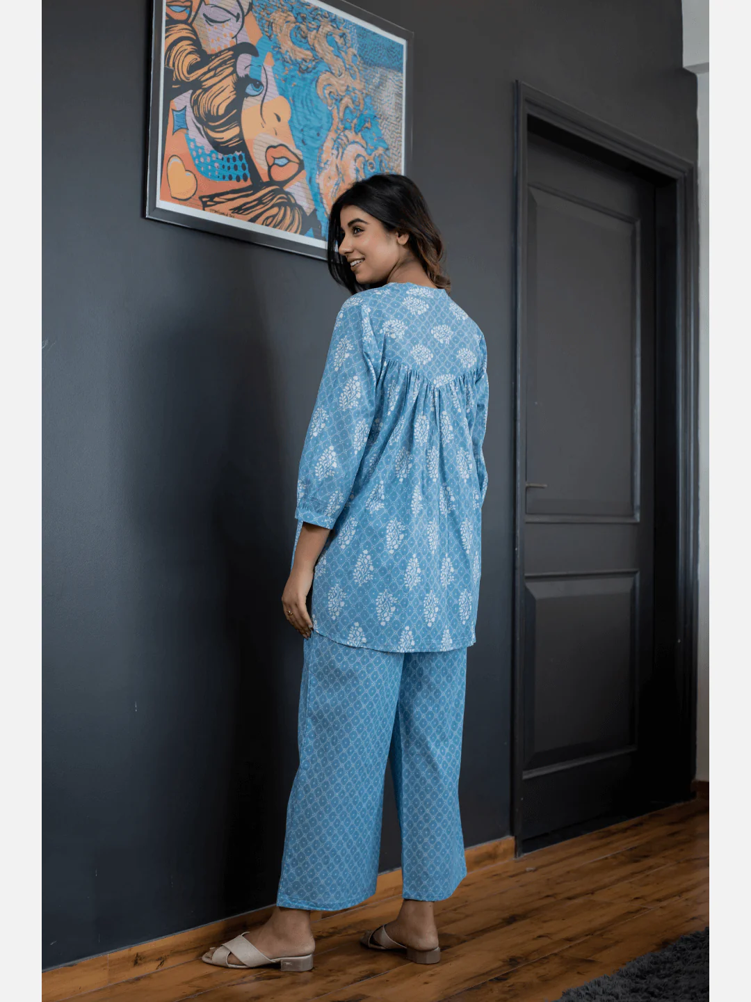 back pleated Sky Blue Pure Cotton Loungewear - Image 3