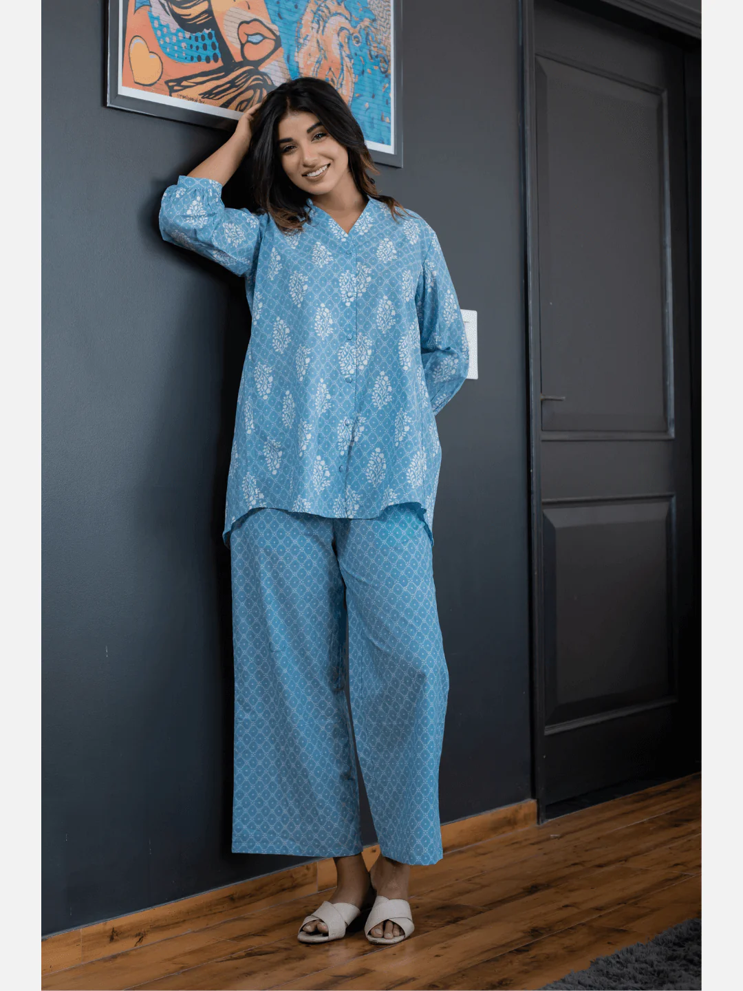 back pleated Sky Blue Pure Cotton Loungewear - Image 4