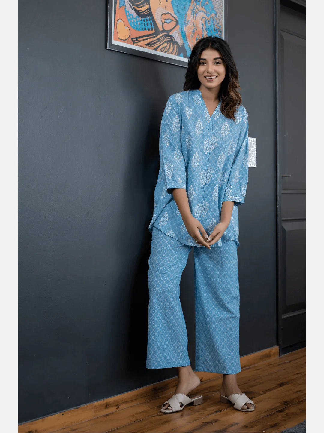 back pleated Sky Blue Pure Cotton Loungewear - Image 6