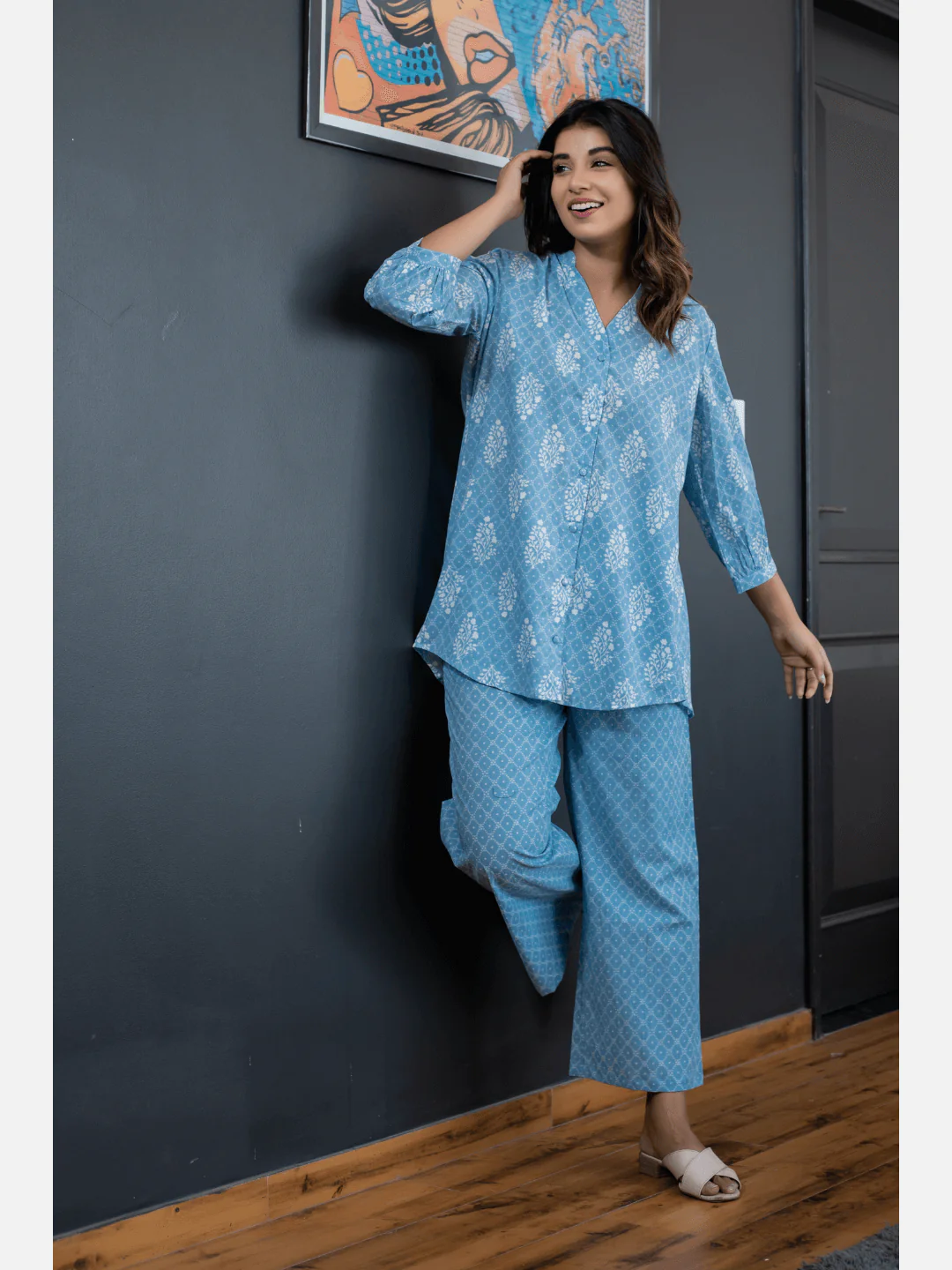 back pleated Sky Blue Pure Cotton Loungewear - Image 7
