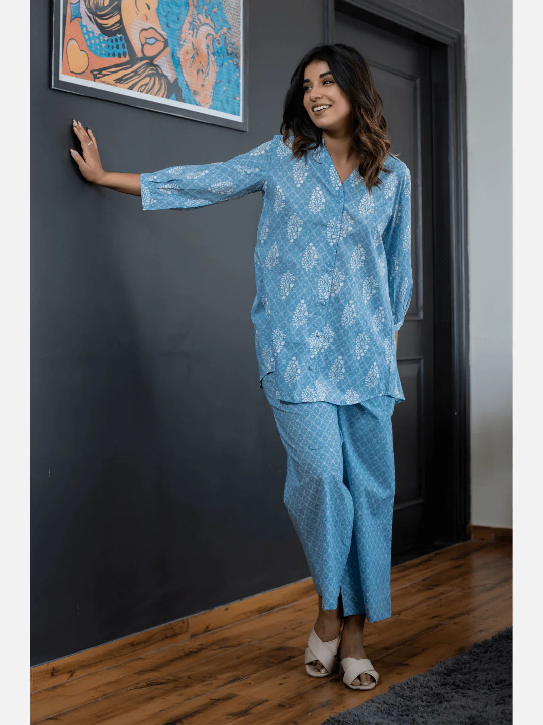 back pleated Sky Blue Pure Cotton Loungewear - Image 8