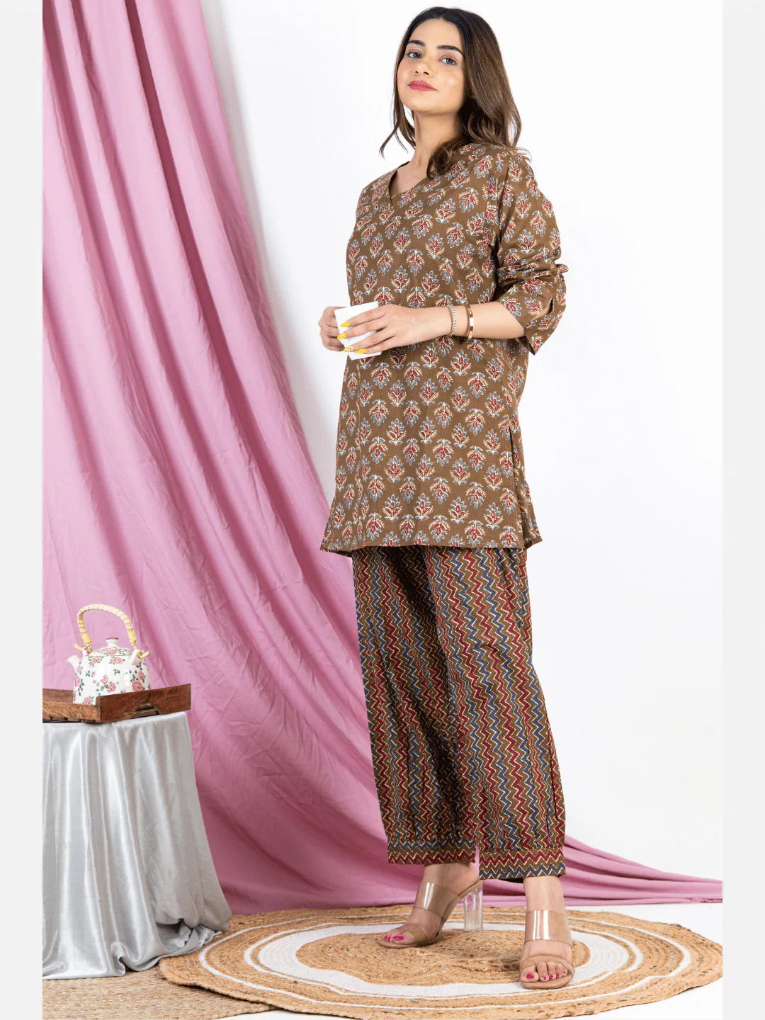 Bagru Brown V Neck Cotton Loungewear - Image 10