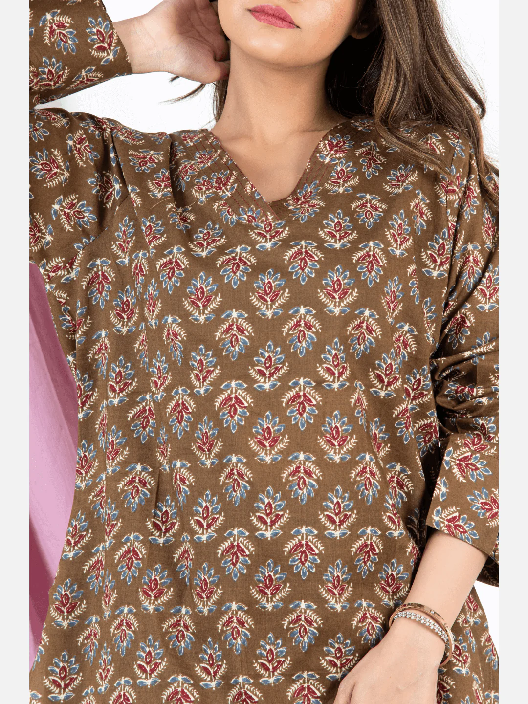 Bagru Brown V Neck Cotton Loungewear - Image 3