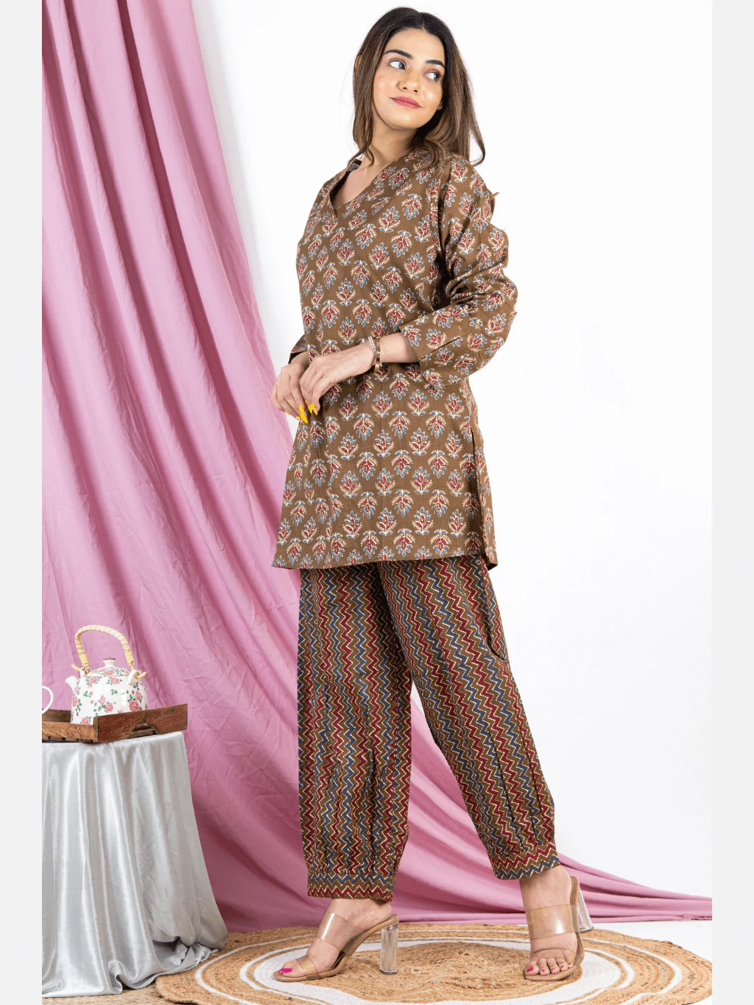 Bagru Brown V Neck Cotton Loungewear - Image 7