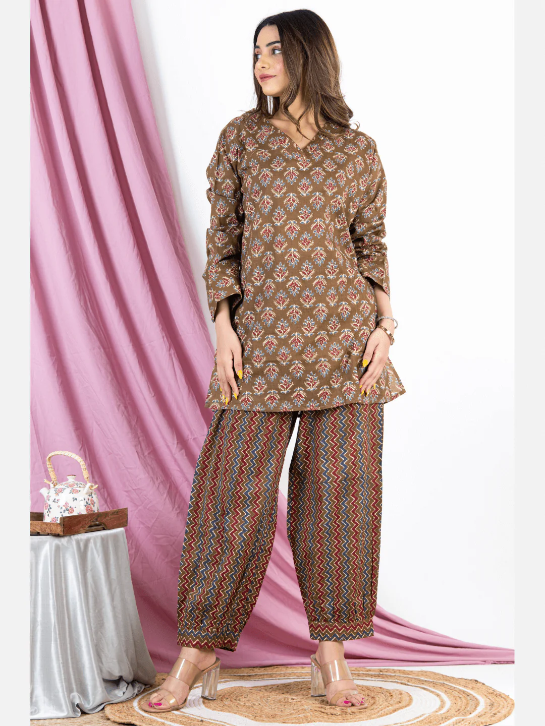 Bagru Brown V Neck Cotton Loungewear - Image 8