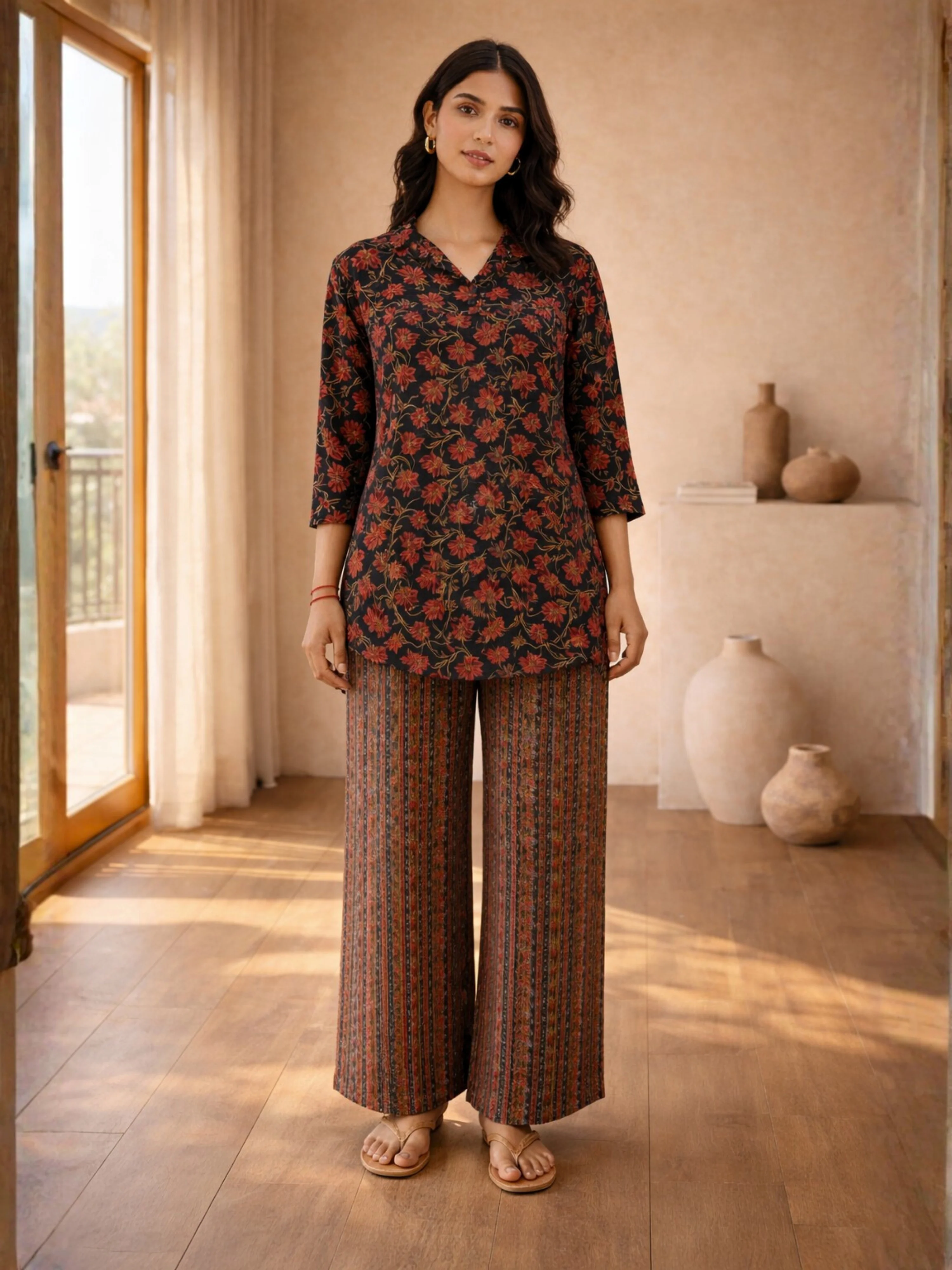 Black Charm Pure Cotton Women's Collar Co-ord Set - Image 2
