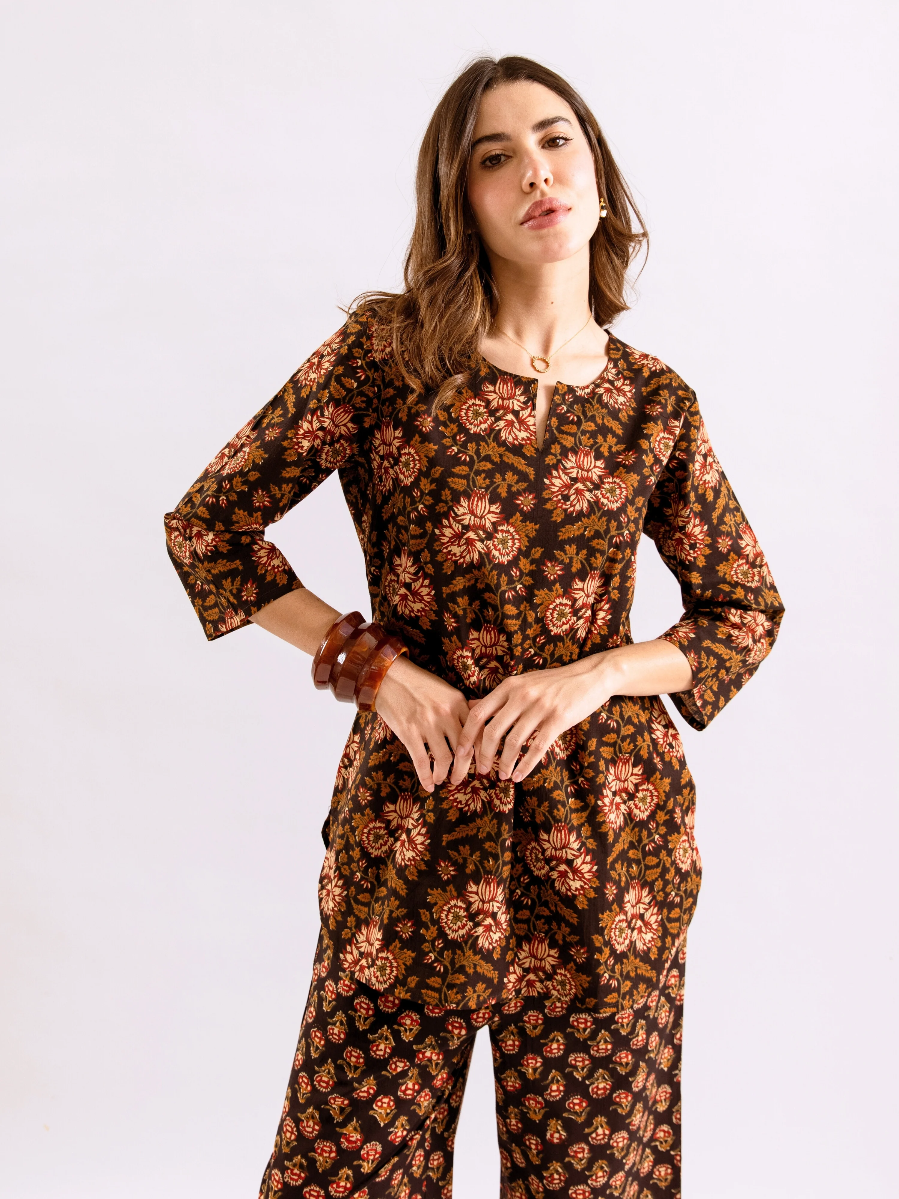 Black Abstract floral Pure Cotton Round neck Co-ord set - Image 9