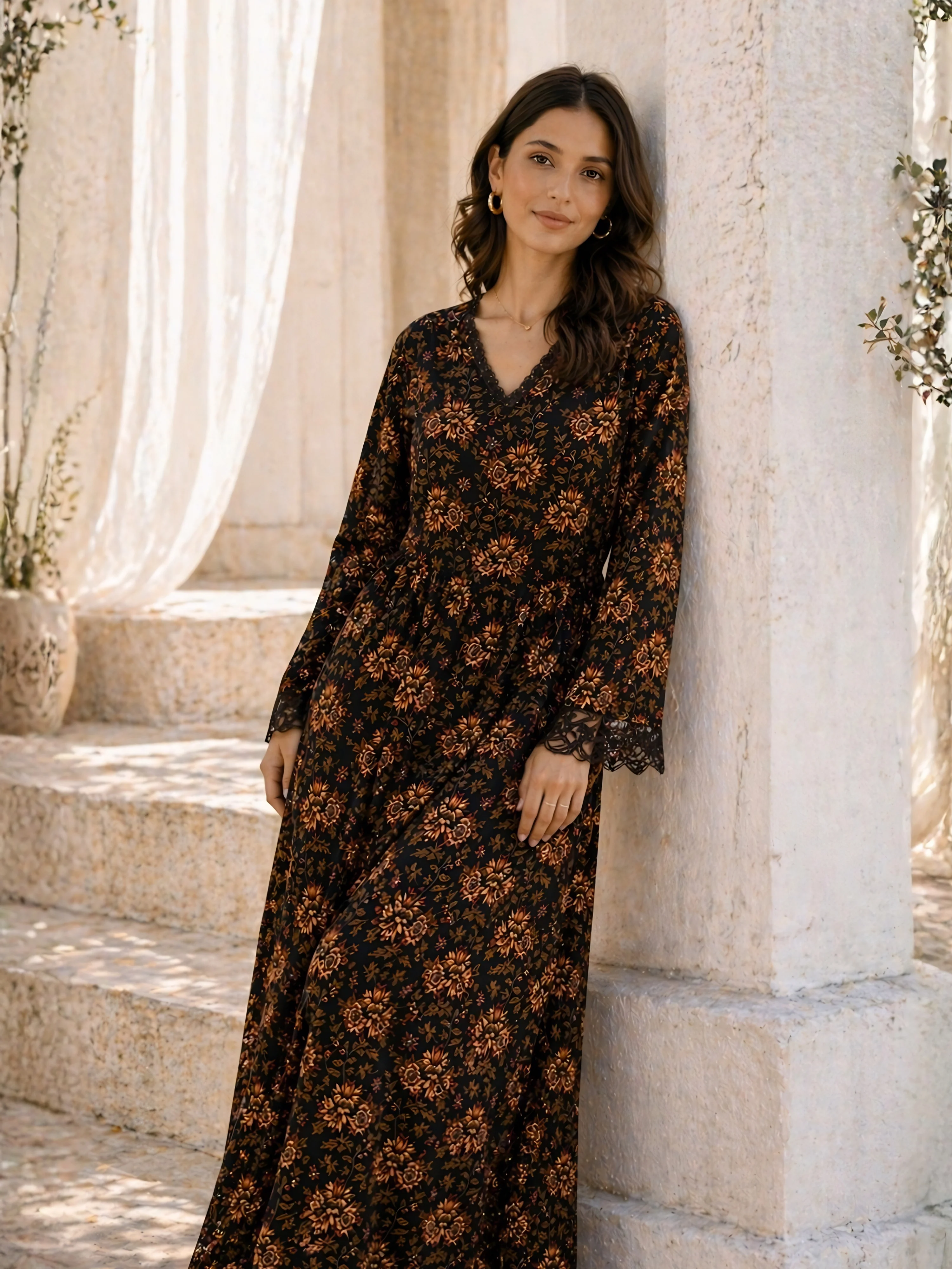 Black Floral Pure Cotton Women's V Neck Night Maxi Dress - Image 3