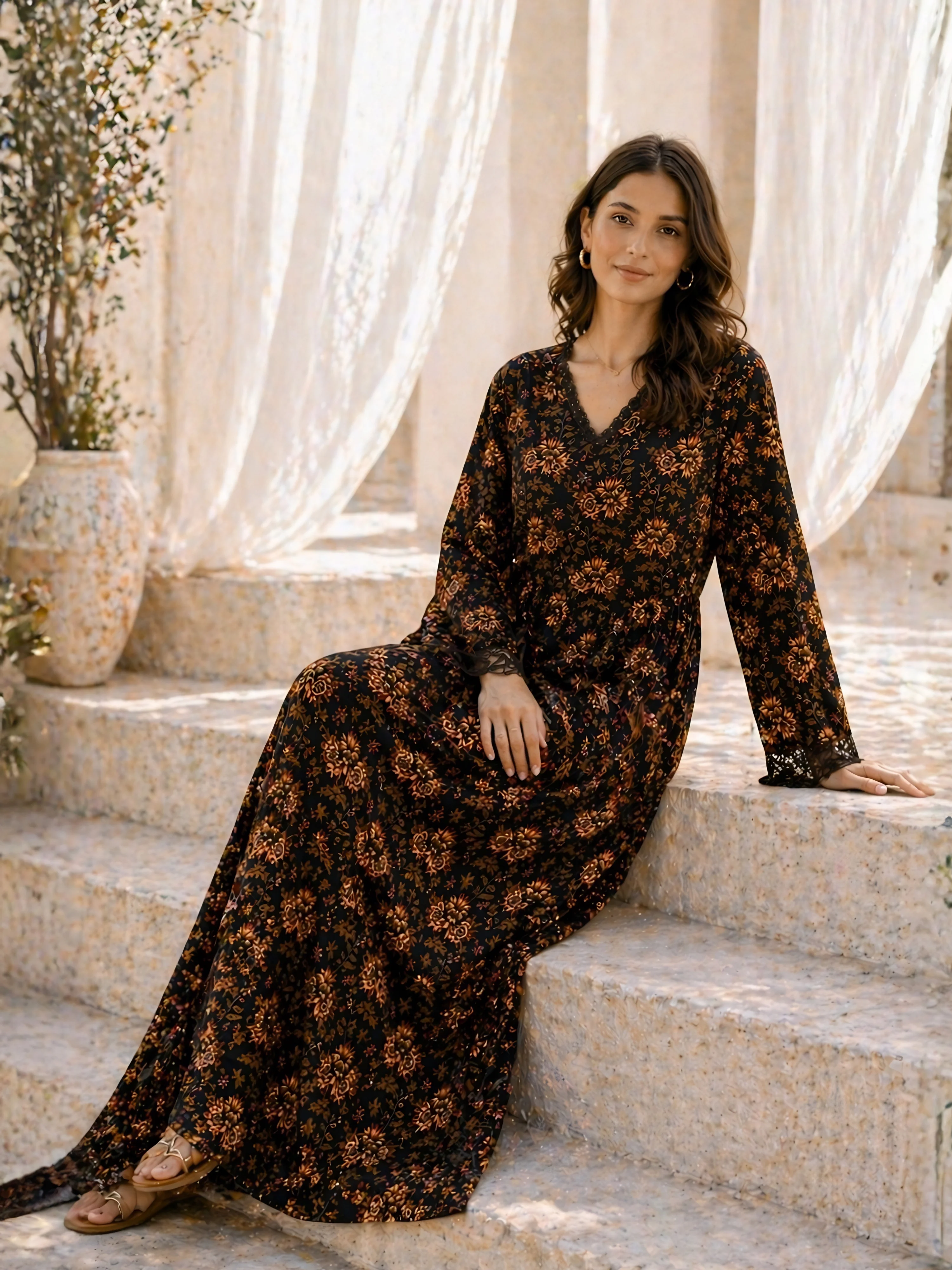 Black Floral Pure Cotton Women's V Neck Night Maxi Dress - Image 4