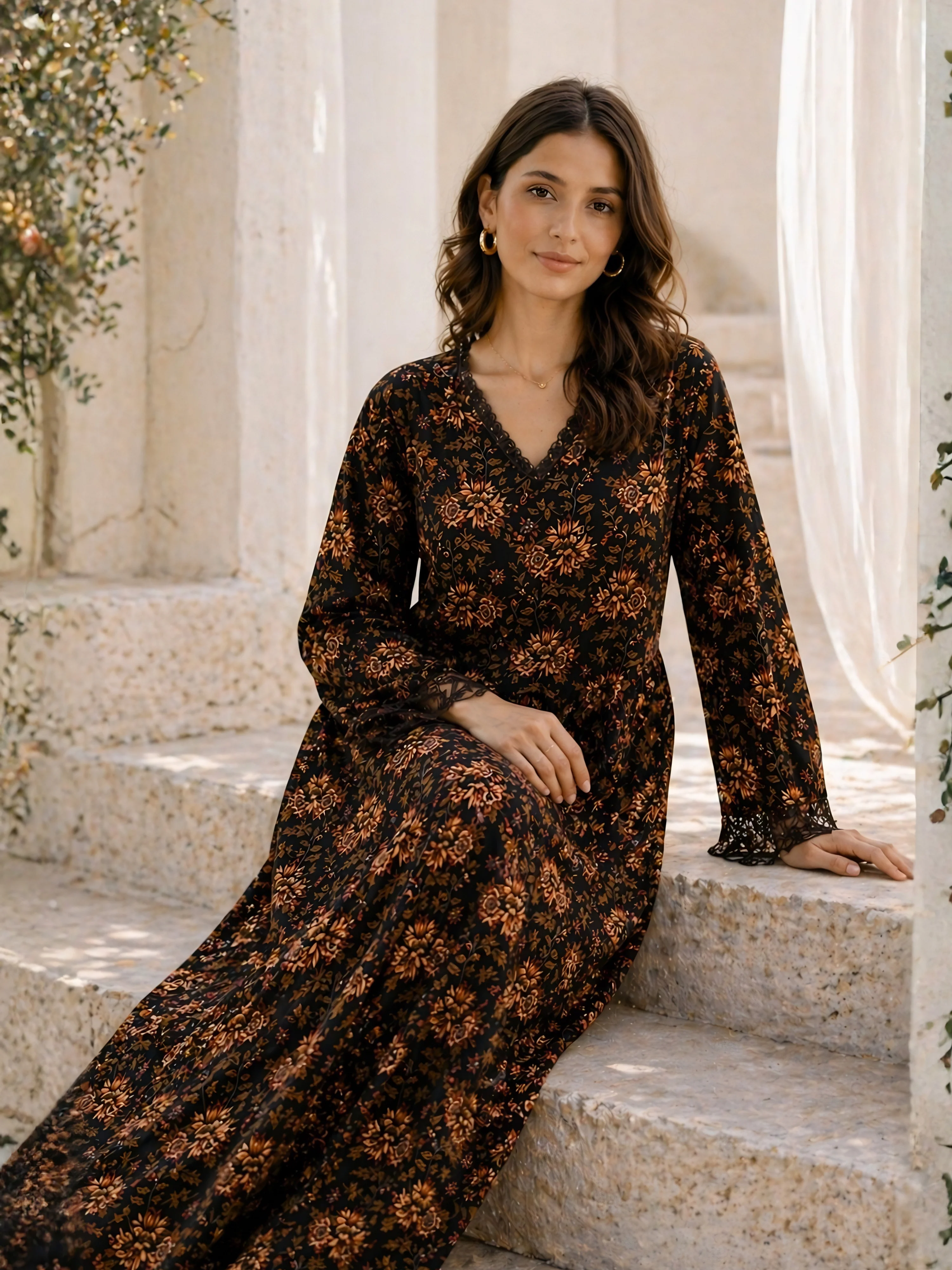 Black Floral Pure Cotton Women's V Neck Night Maxi Dress - Image 5