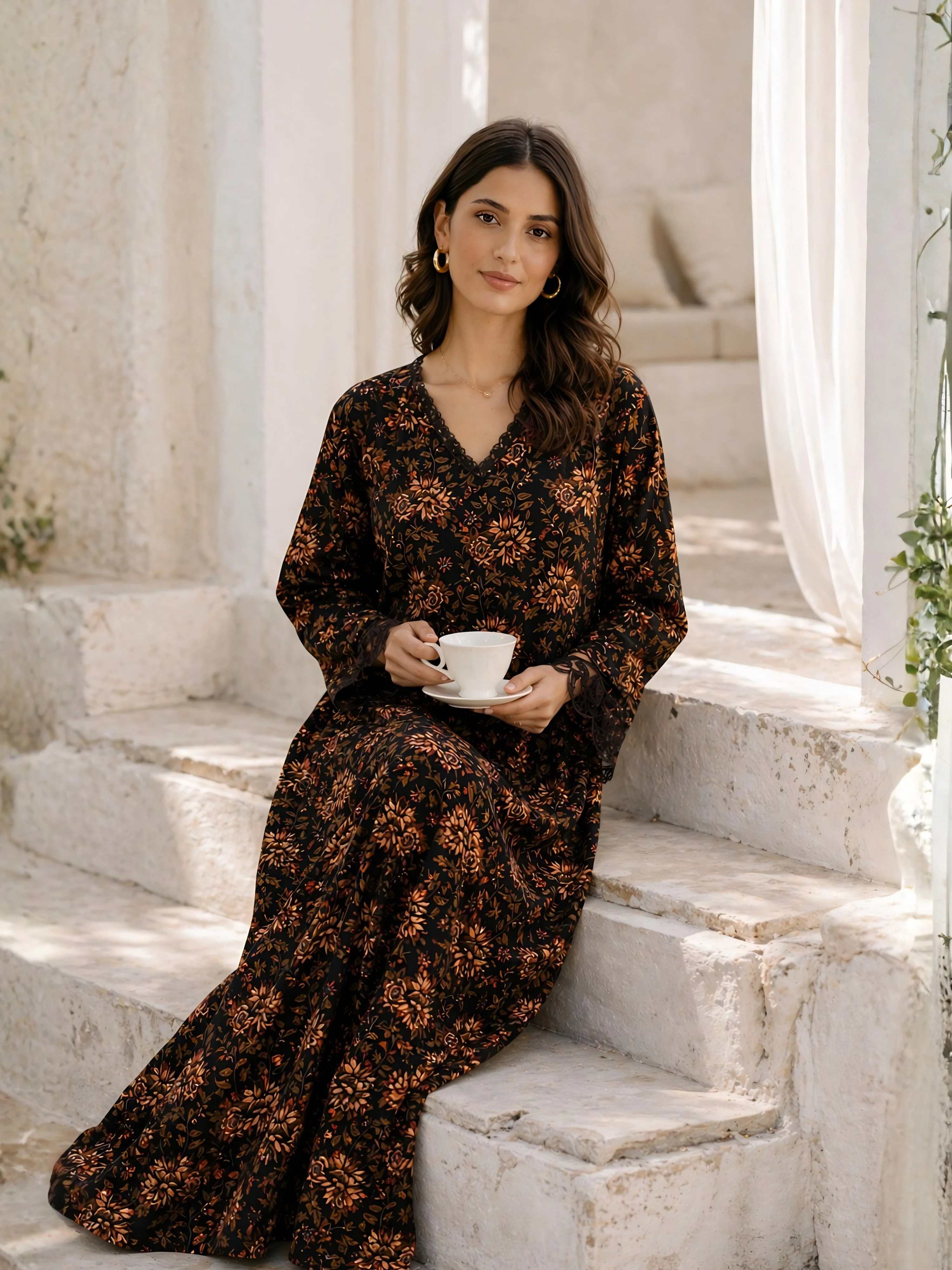 Black Floral Pure Cotton Women's V Neck Night Maxi Dress - Image 6