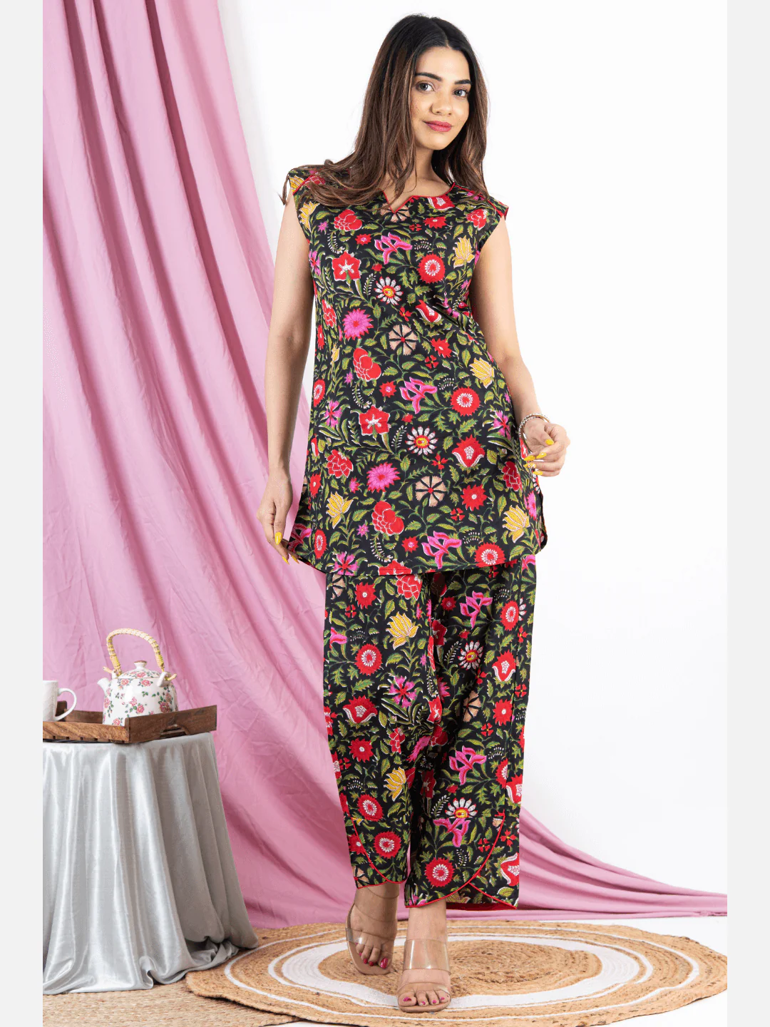 Black Floral Sleeveless Pure Cotton Loungewear - Image 10