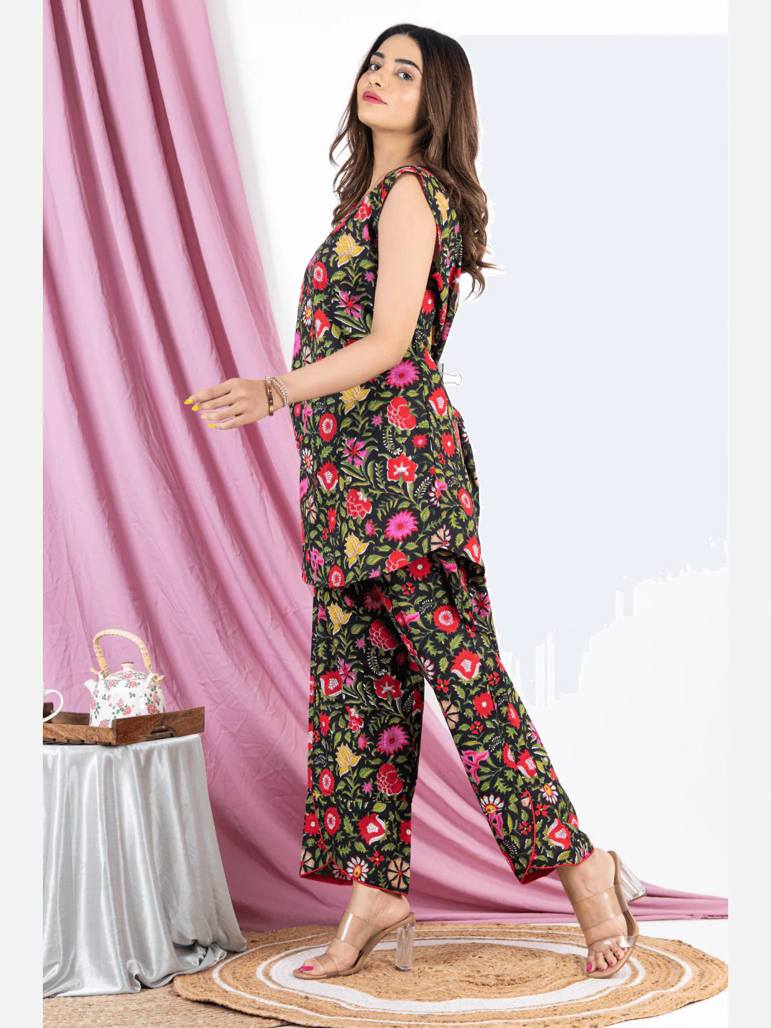 Black Floral Sleeveless Pure Cotton Loungewear - Image 11