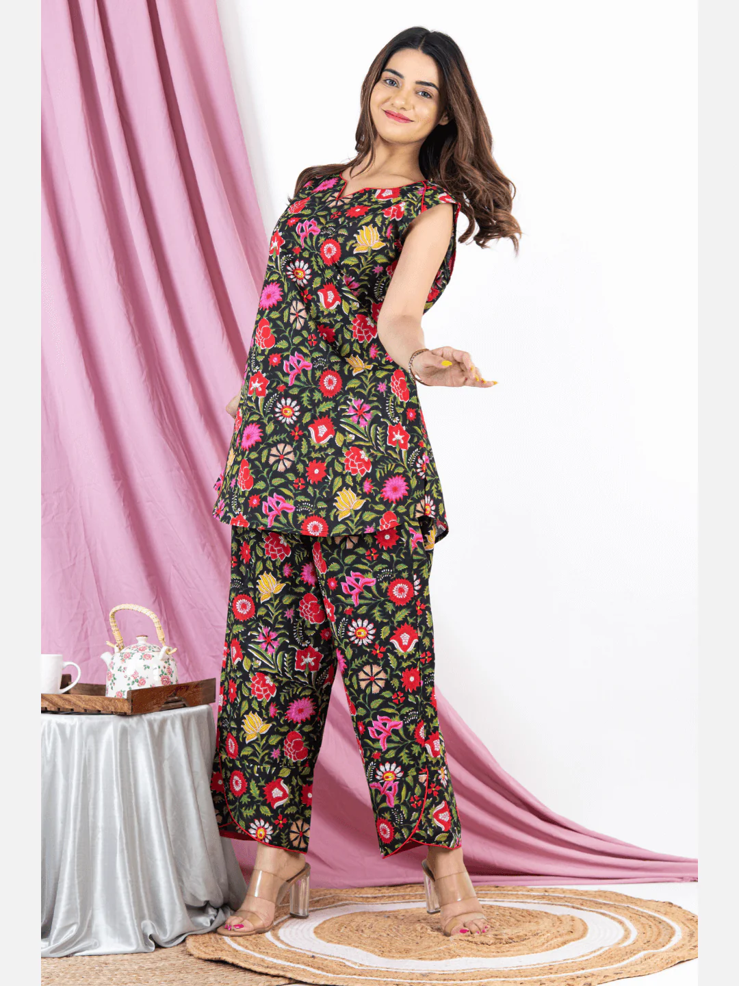 Black Floral Sleeveless Pure Cotton Loungewear - Image 3