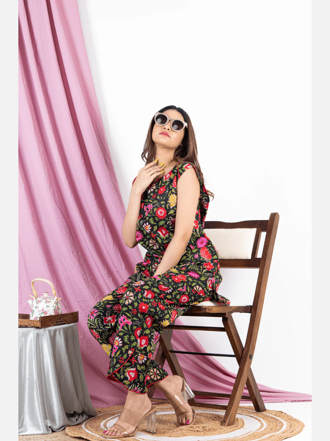 Black Floral Sleeveless Pure Cotton Loungewear - Image 4