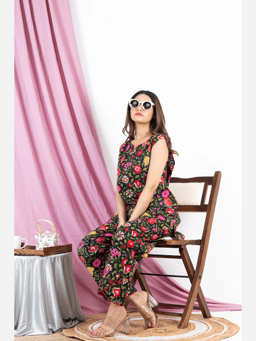 Black Floral Sleeveless Pure Cotton Loungewear - Image 5