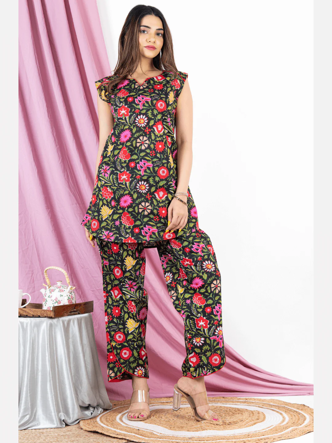 Black Floral Sleeveless Pure Cotton Loungewear - Image 6