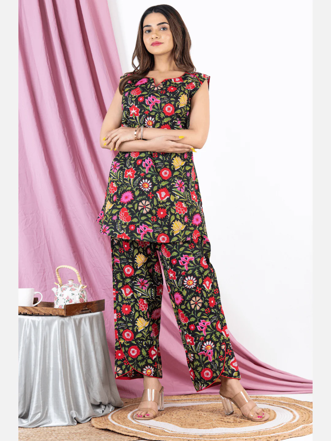 Black Floral Sleeveless Pure Cotton Loungewear - Image 7