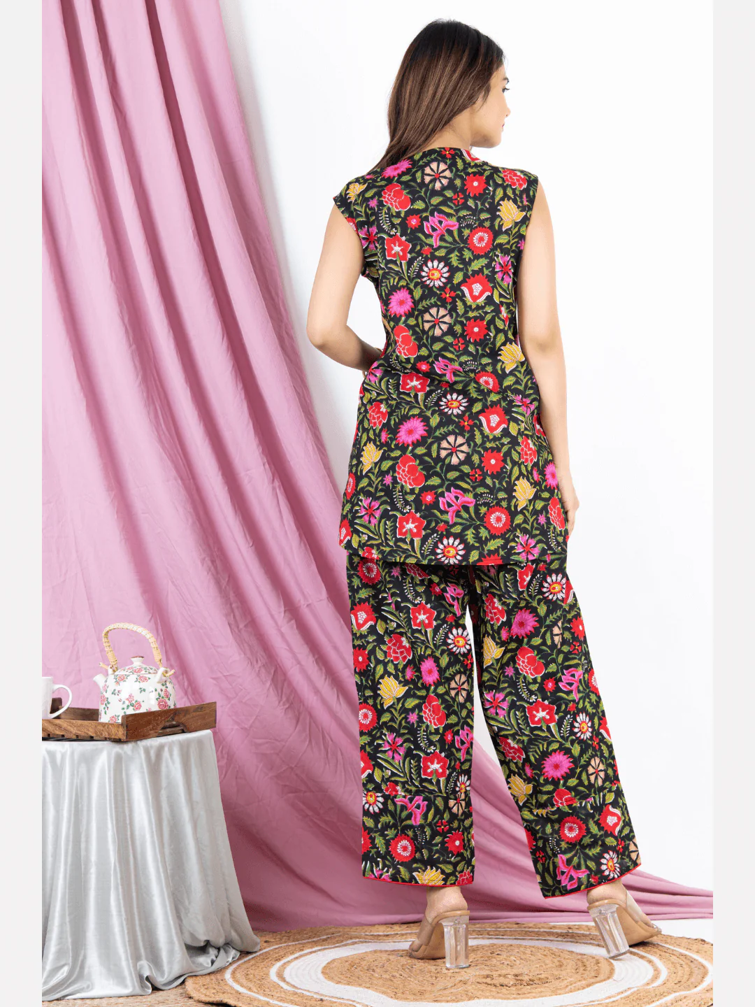 Black Floral Sleeveless Pure Cotton Loungewear - Image 9
