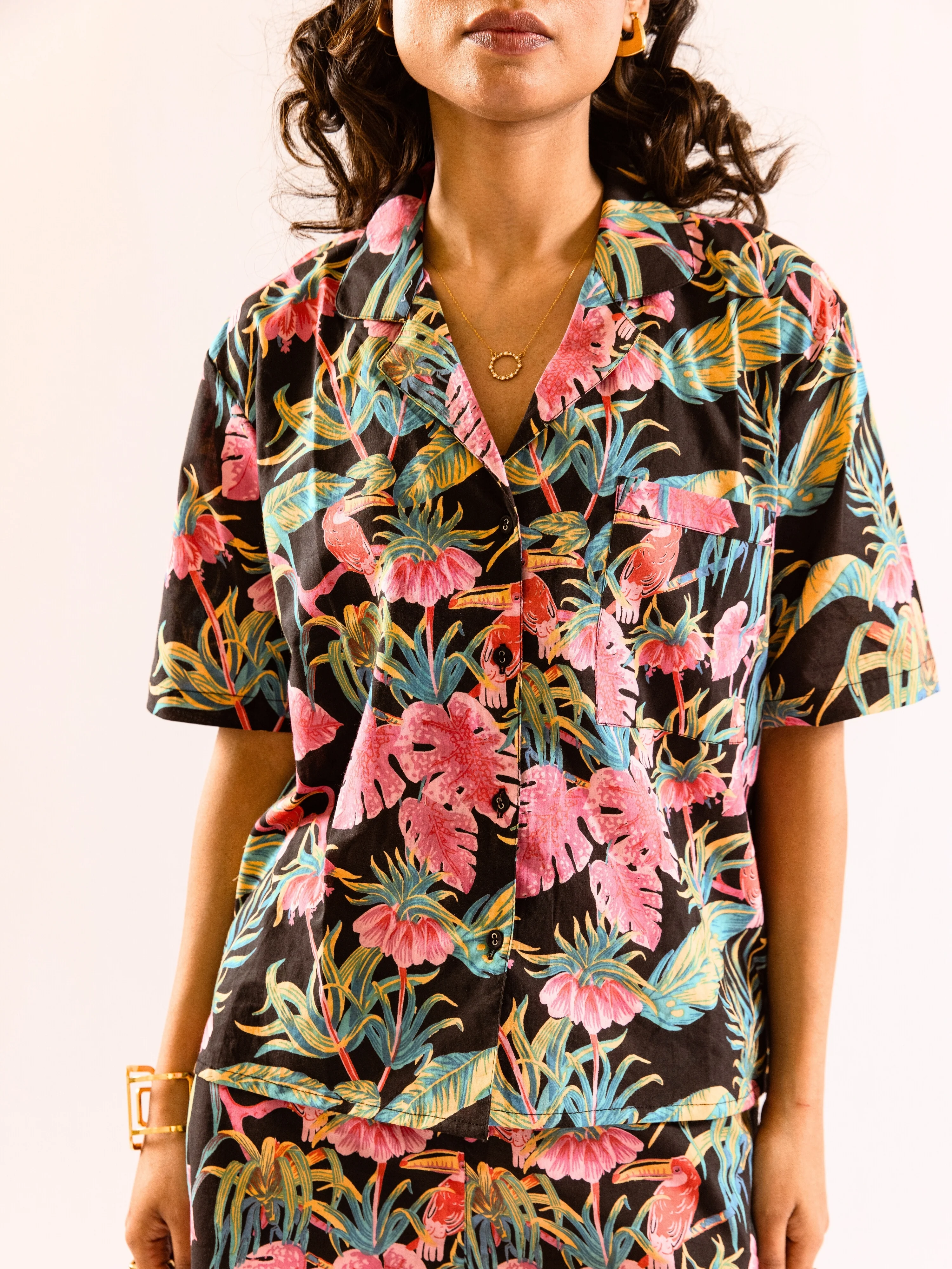 Black Botanic Bliss Pure Cotton Collar co-ord Shorts set - Image 2