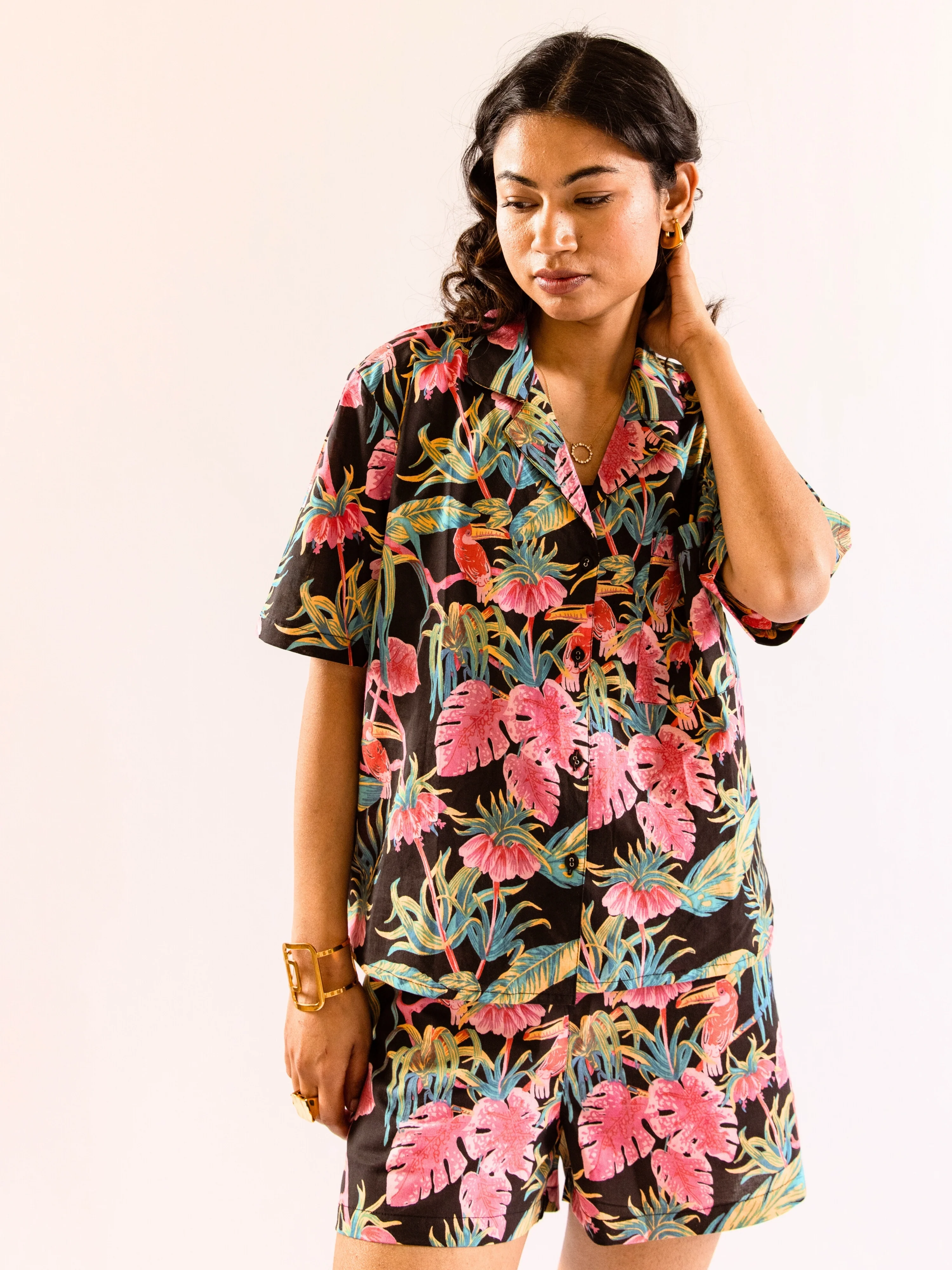 Black Botanic Bliss Pure Cotton Collar co-ord Shorts set - Image 7