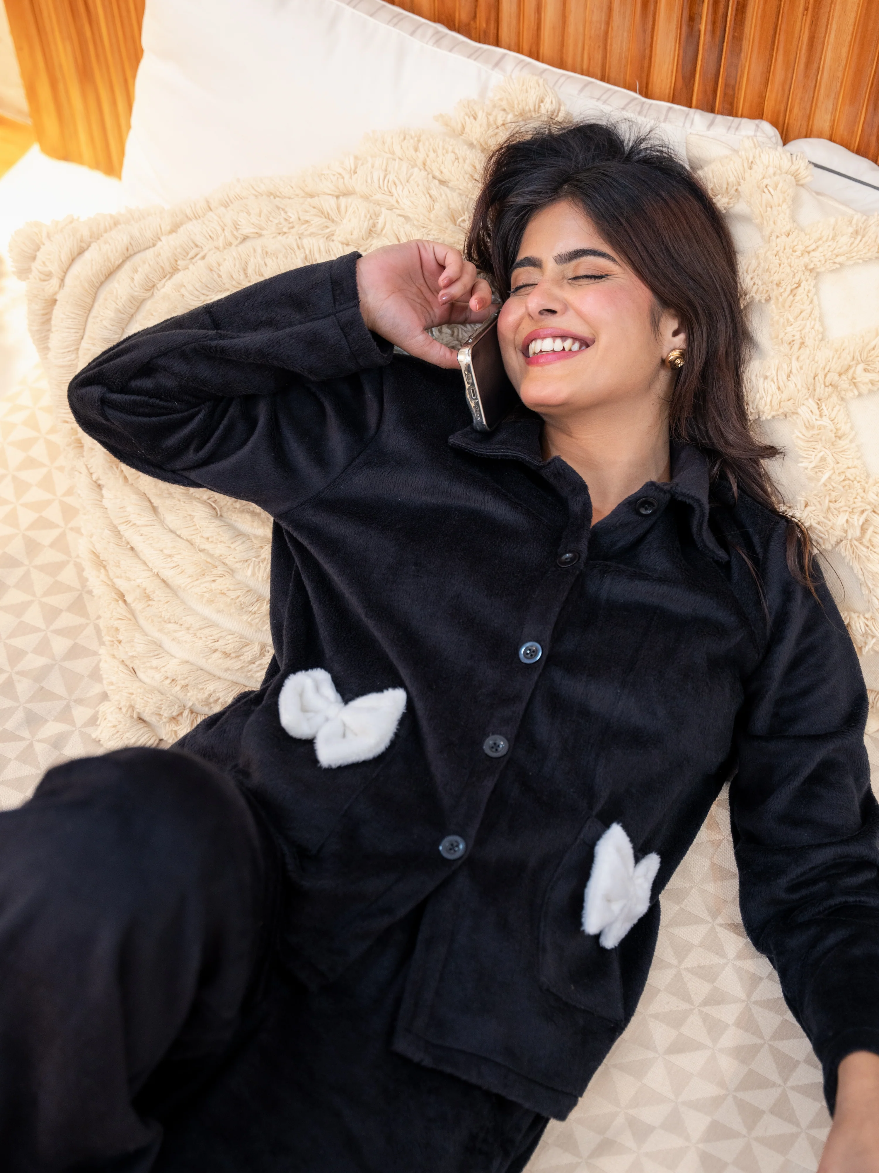 Black Super Soft Woollen Bow Pajama Set - Image 2