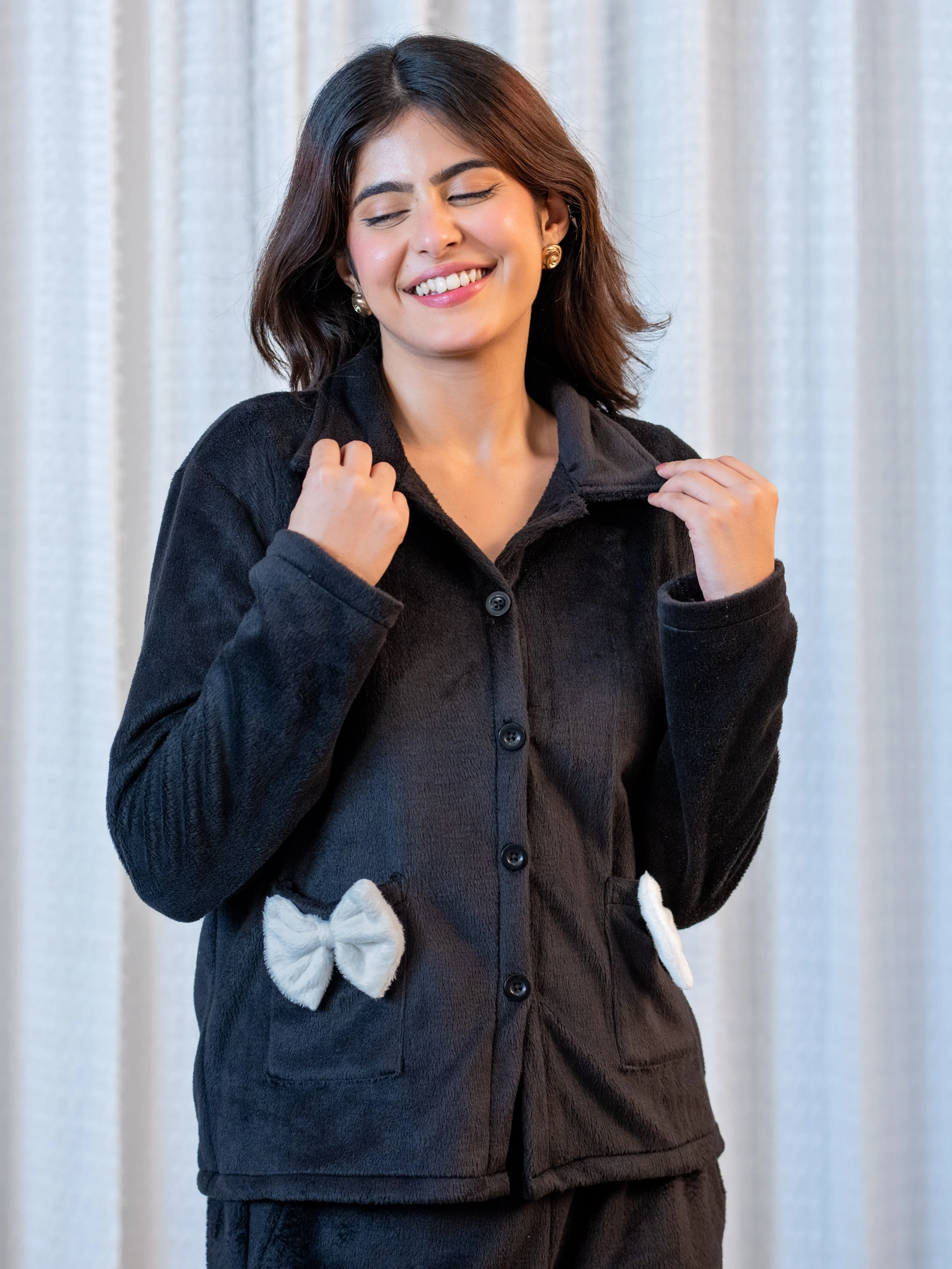 Black Super Soft Woollen Bow Pajama Set - Image 4