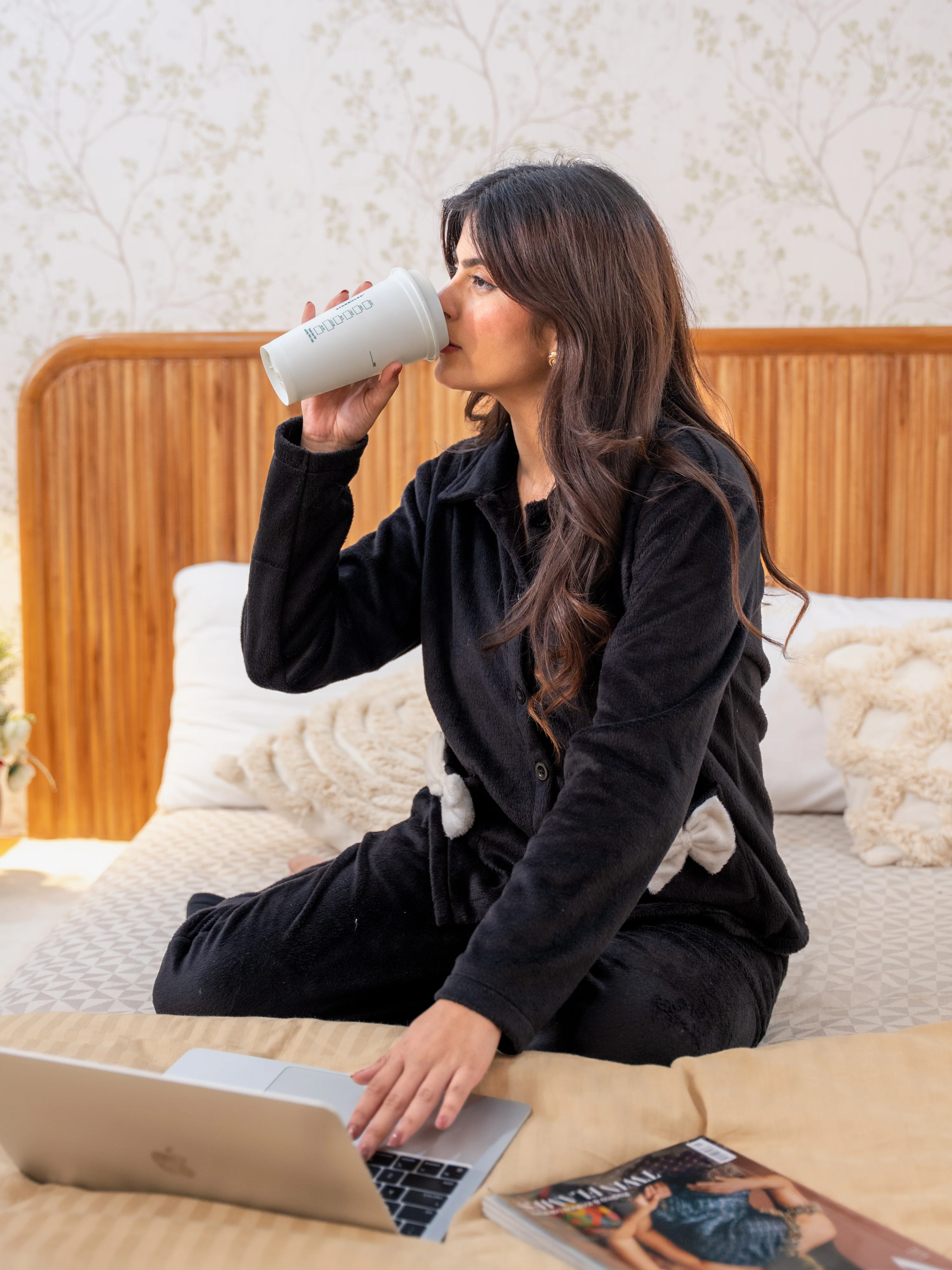 Black Super Soft Woollen Bow Pajama Set - Image 5