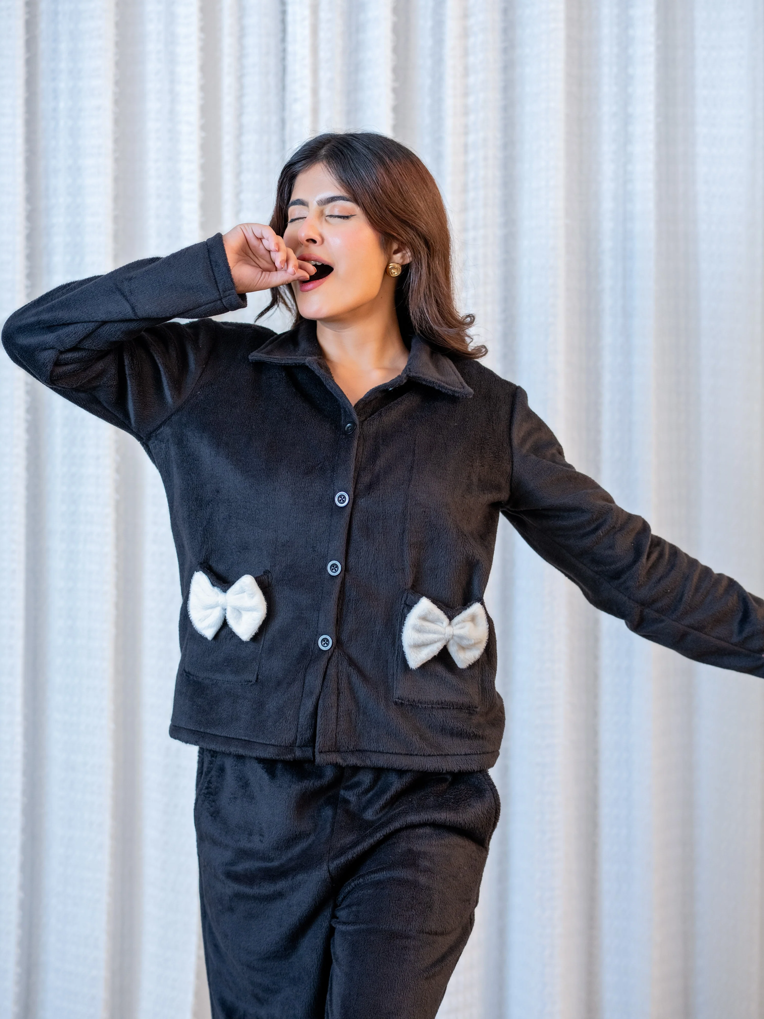 Black Super Soft Woollen Bow Pajama Set - Image 9