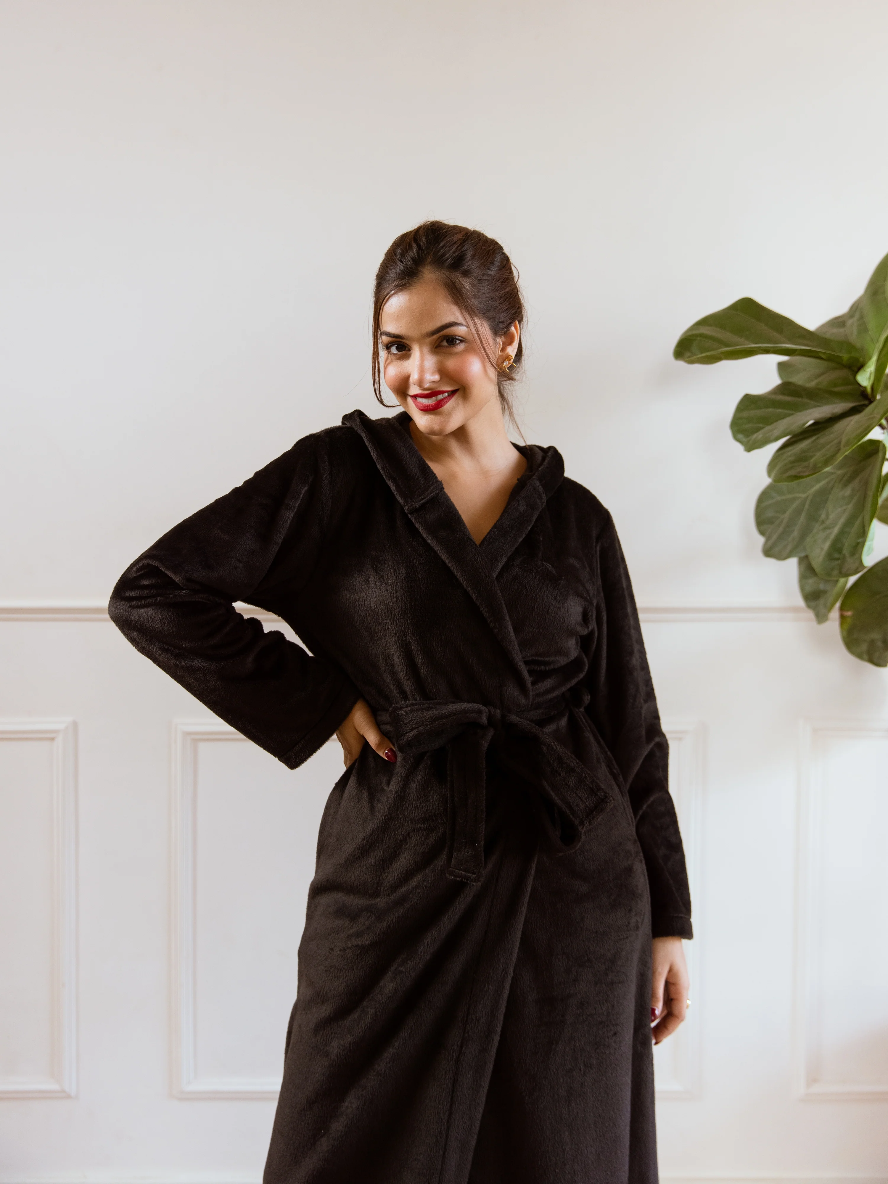Black Super Soft Woollen Hoodie Robe - Image 11
