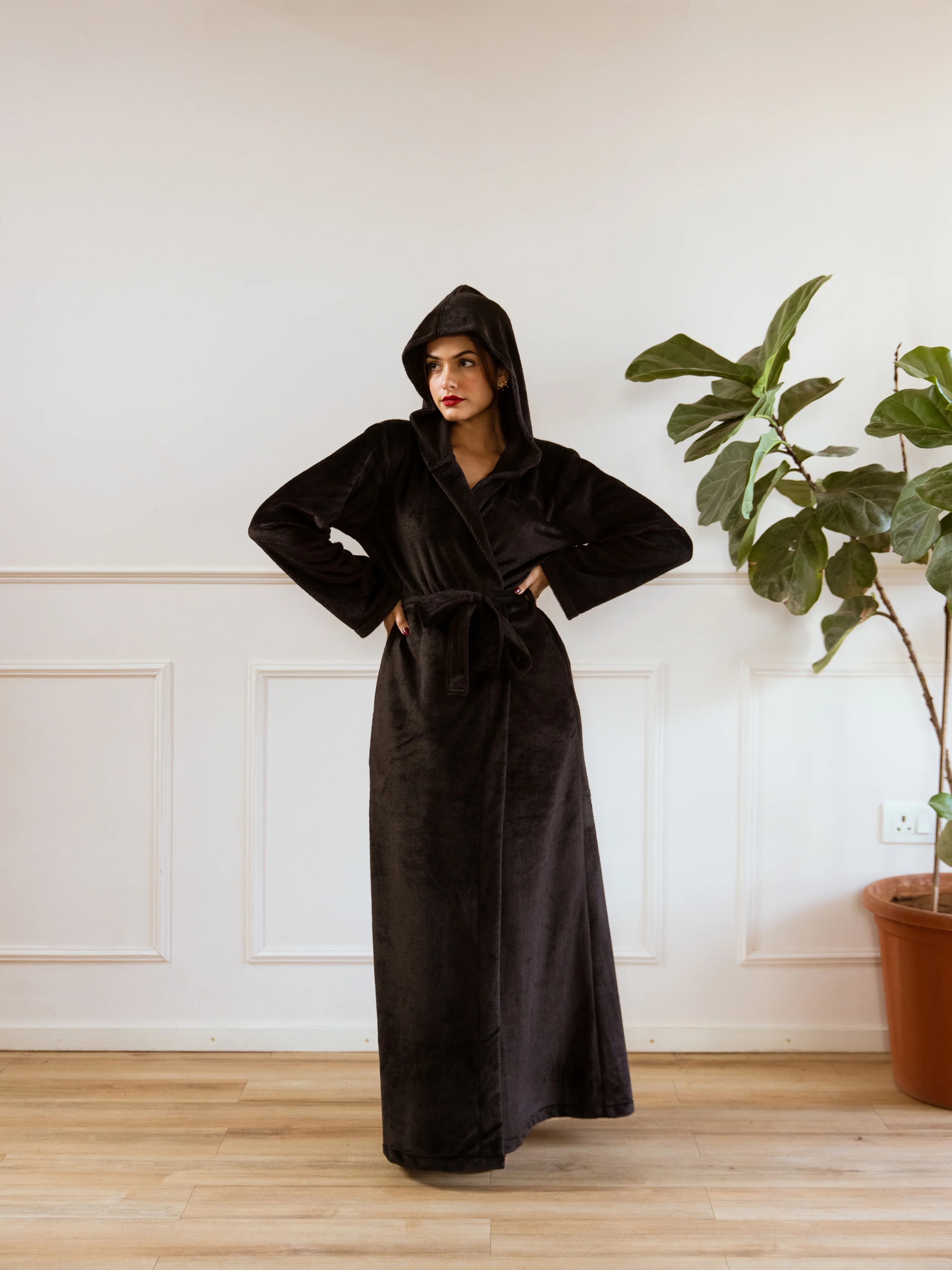 Black Super Soft Woollen Hoodie Robe - Image 3