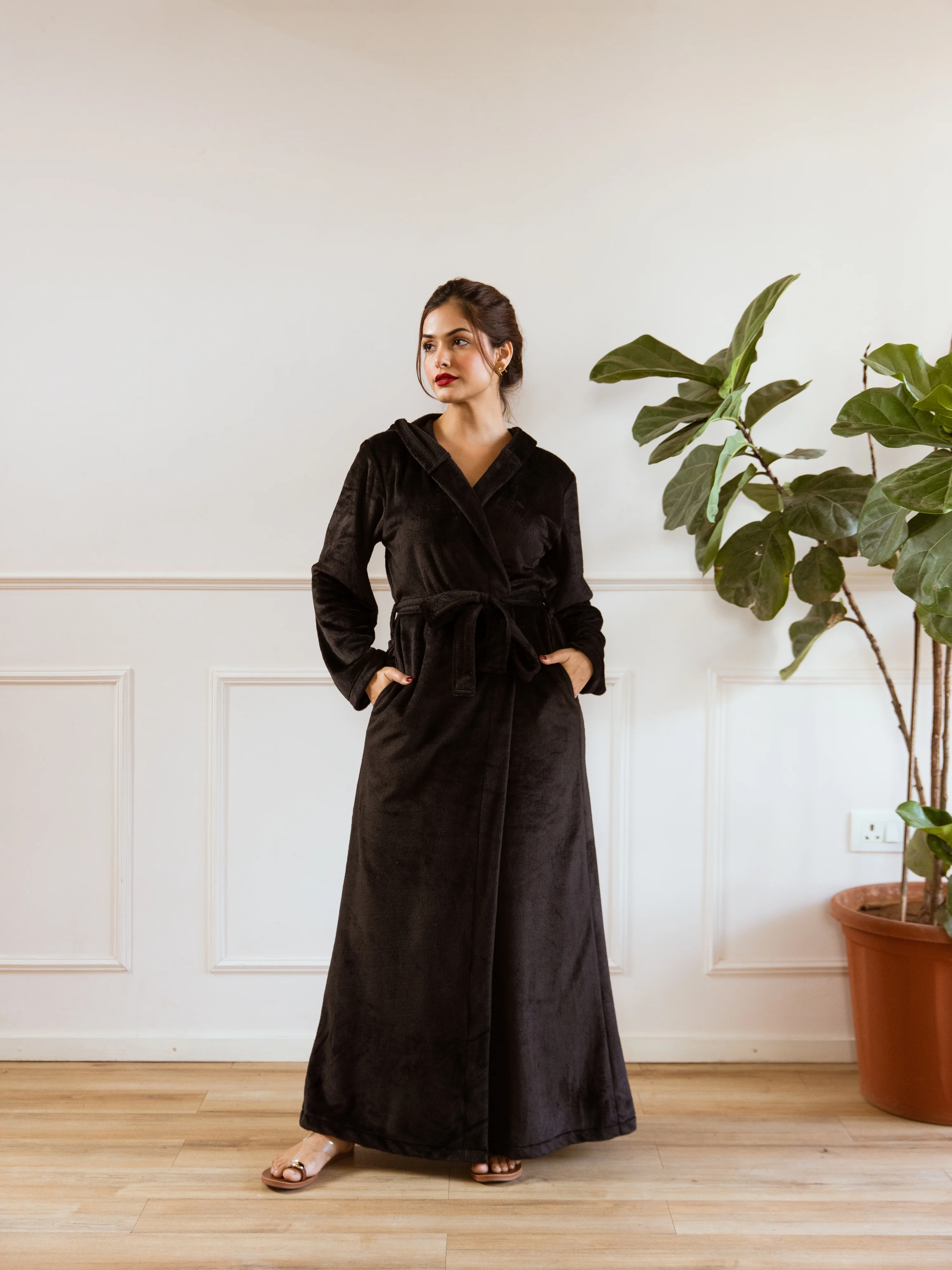 Black Super Soft Woollen Hoodie Robe - Image 5