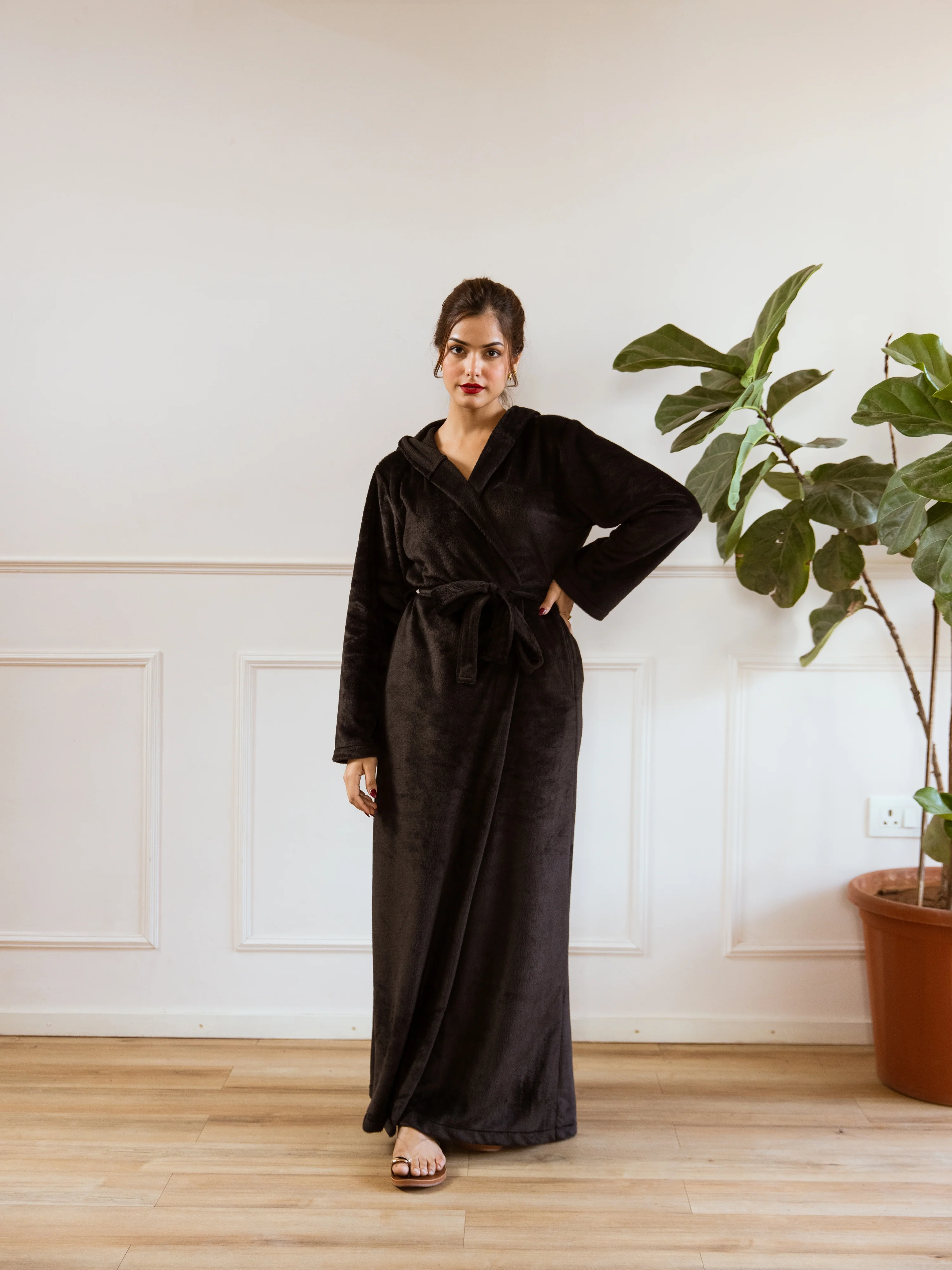 Black Super Soft Woollen Hoodie Robe - Image 6