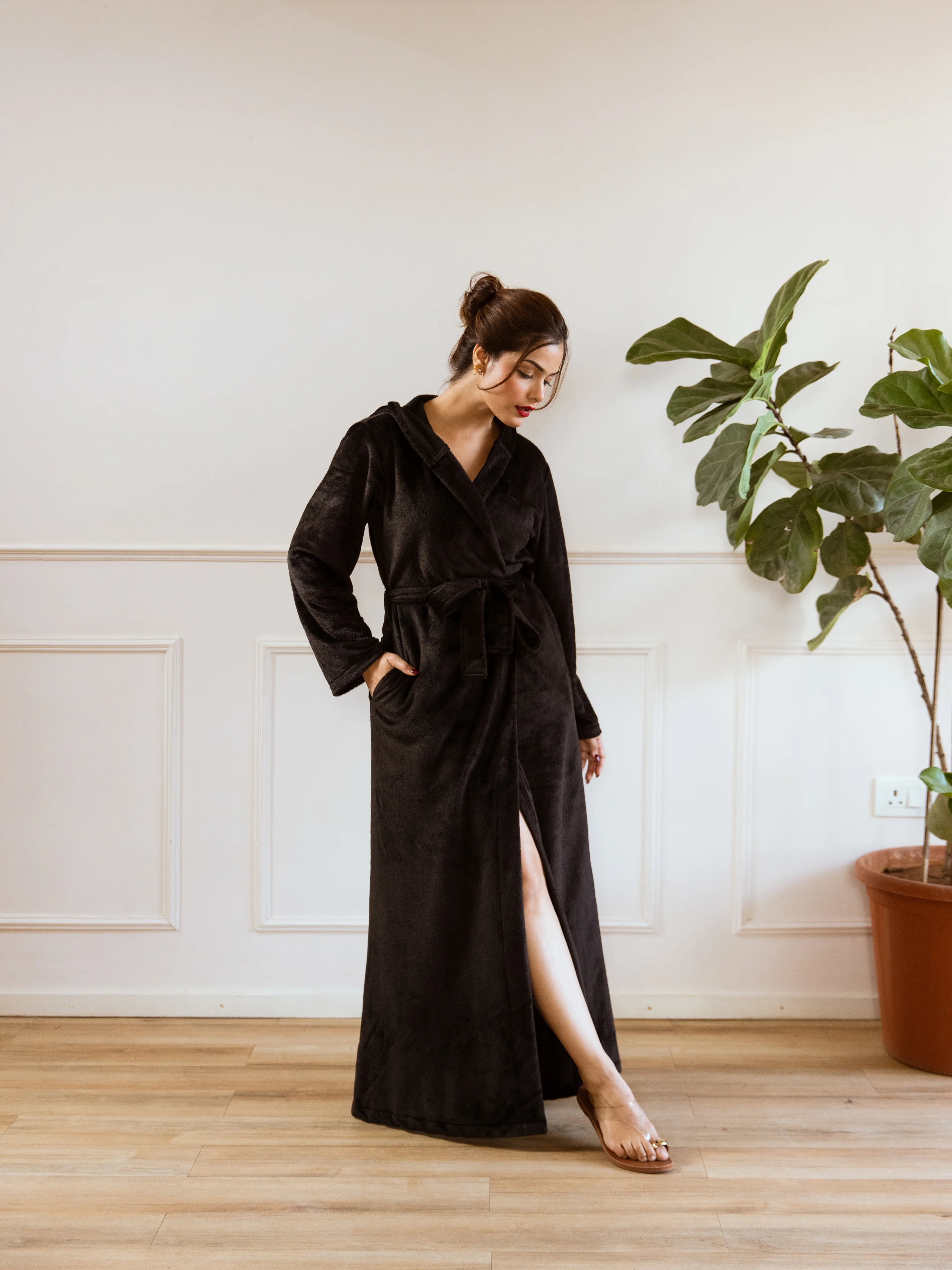 Black Super Soft Woollen Hoodie Robe - Image 8