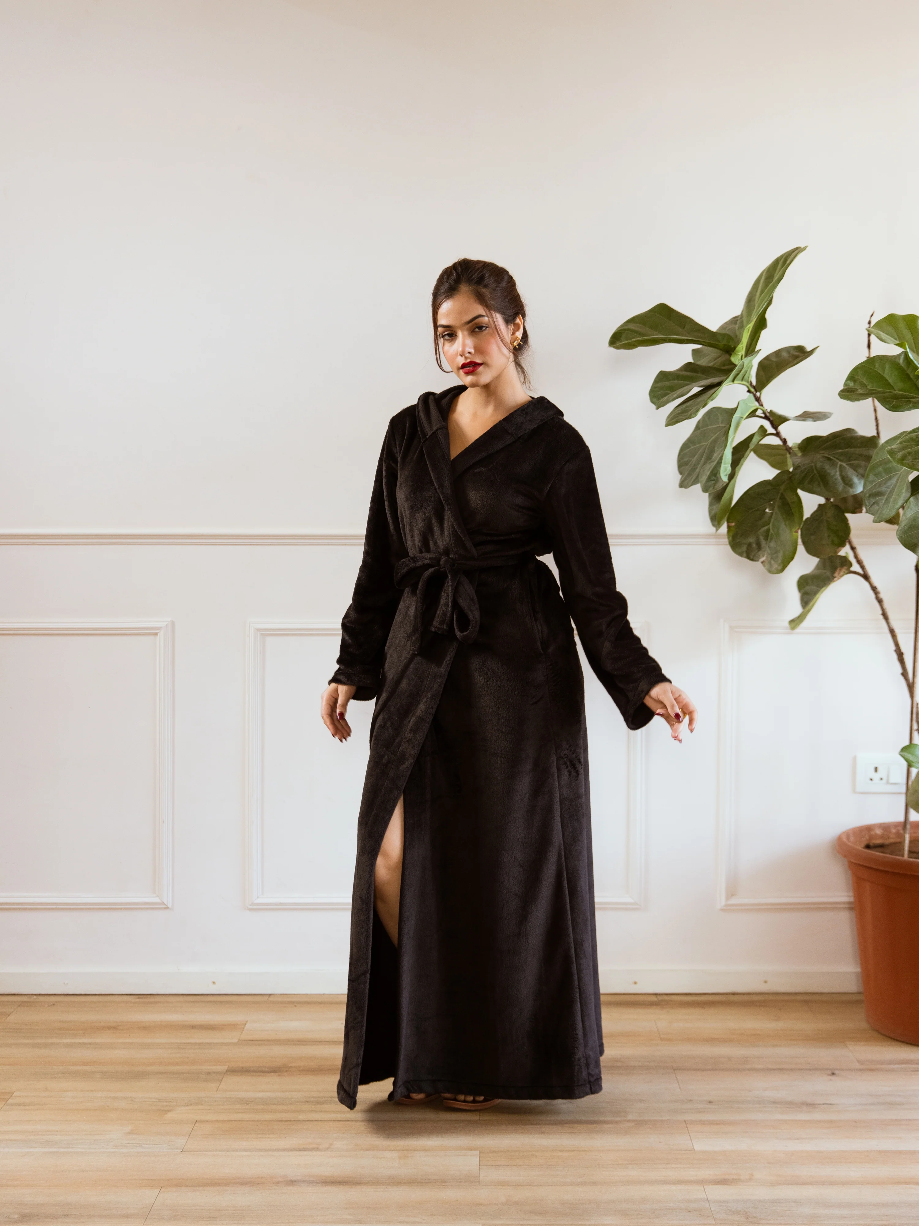 Black Super Soft Woollen Hoodie Robe - Image 9