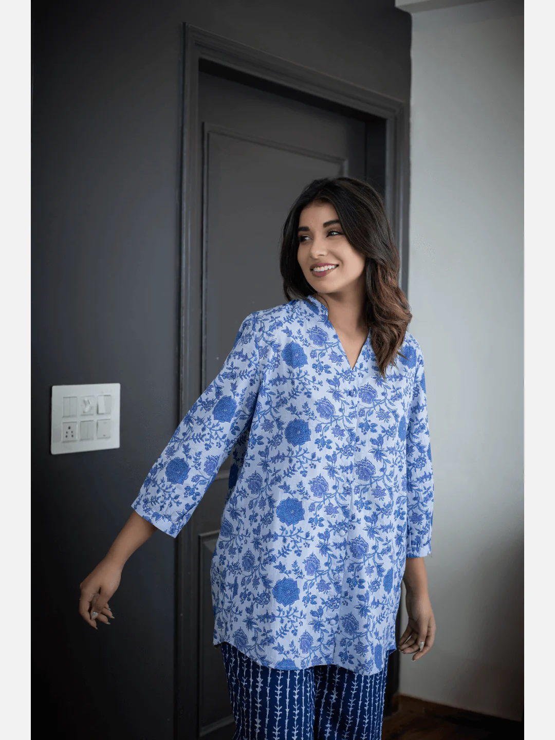 Blue Back pleated indigo Cotton Loungewear - Image 11