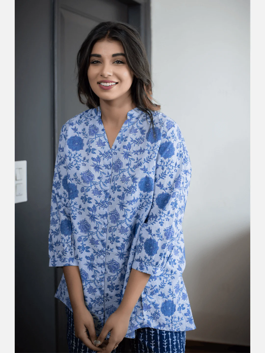 Blue Back pleated indigo Cotton Loungewear - Image 2