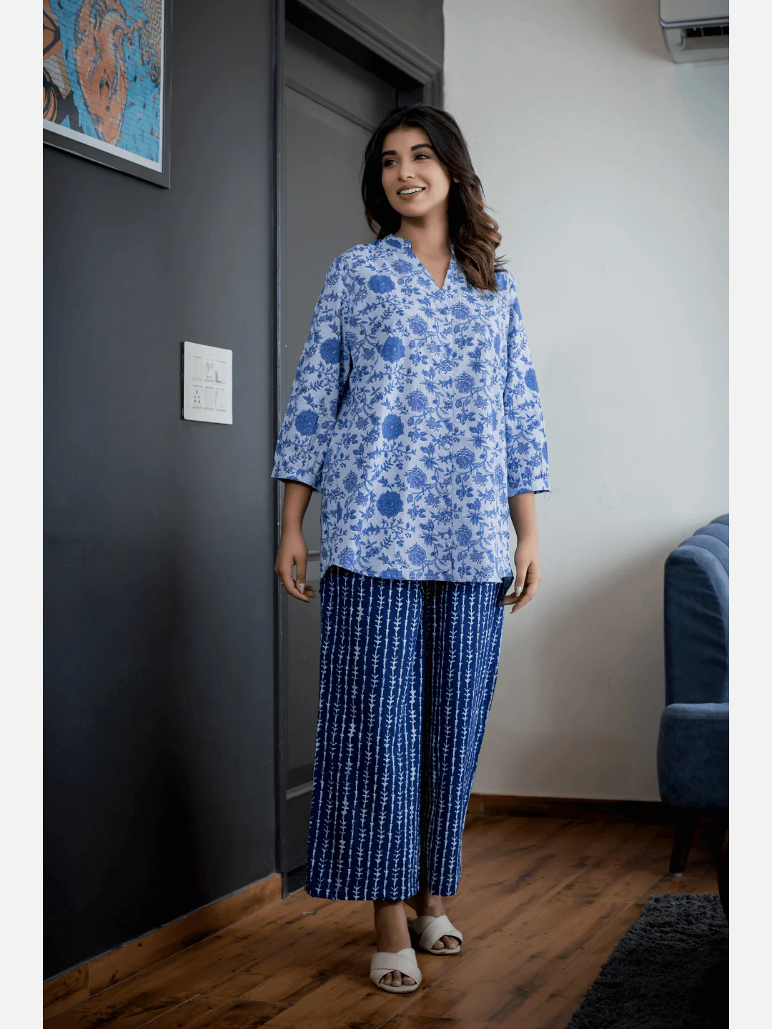 Blue Back pleated indigo Cotton Loungewear - Image 3