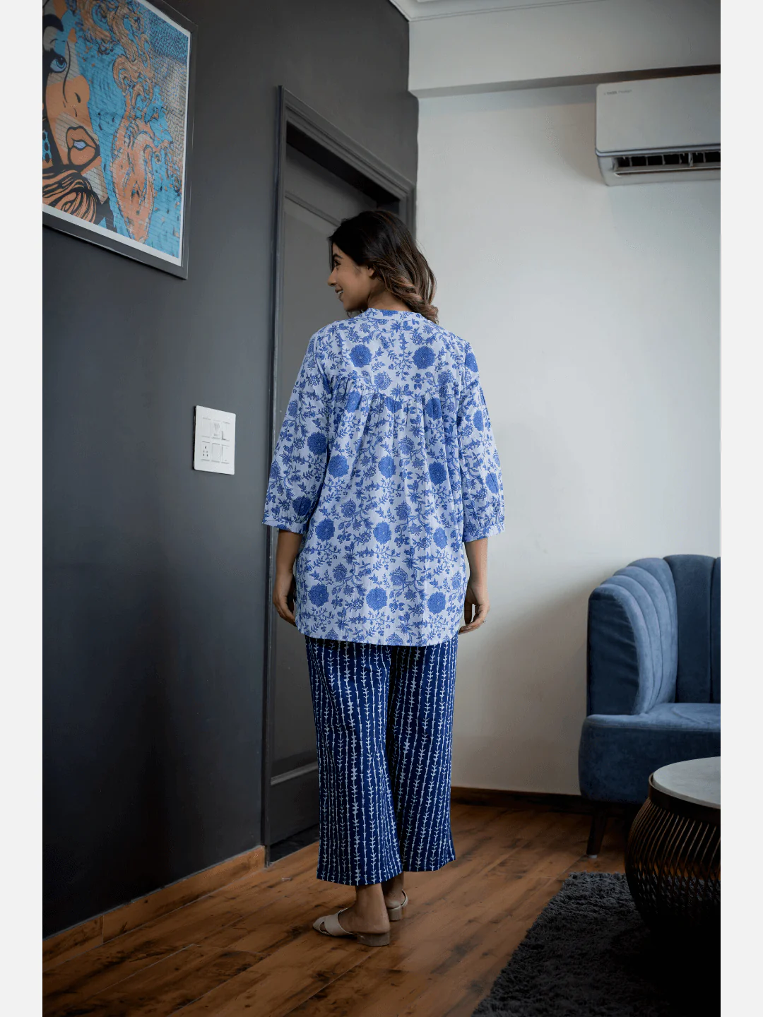 Blue Back pleated indigo Cotton Loungewear - Image 4