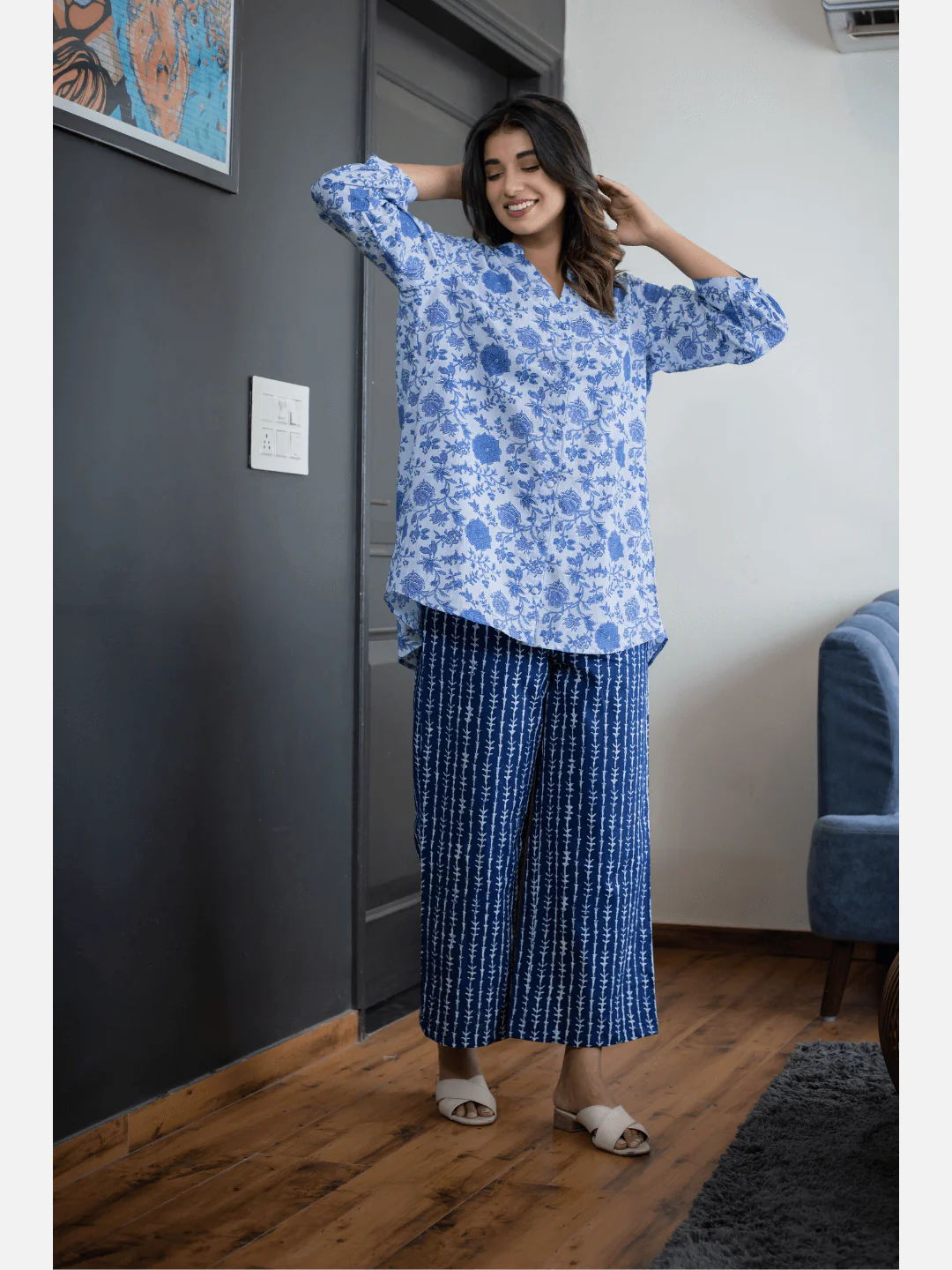Blue Back pleated indigo Cotton Loungewear - Image 6