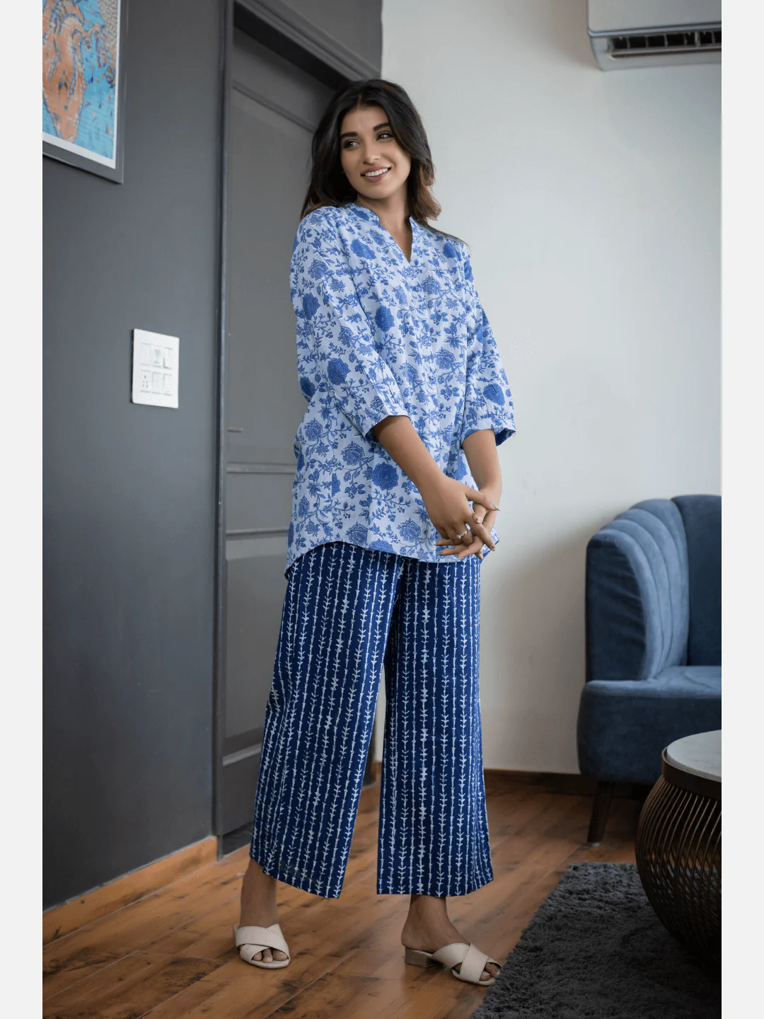 Blue Back pleated indigo Cotton Loungewear - Image 7
