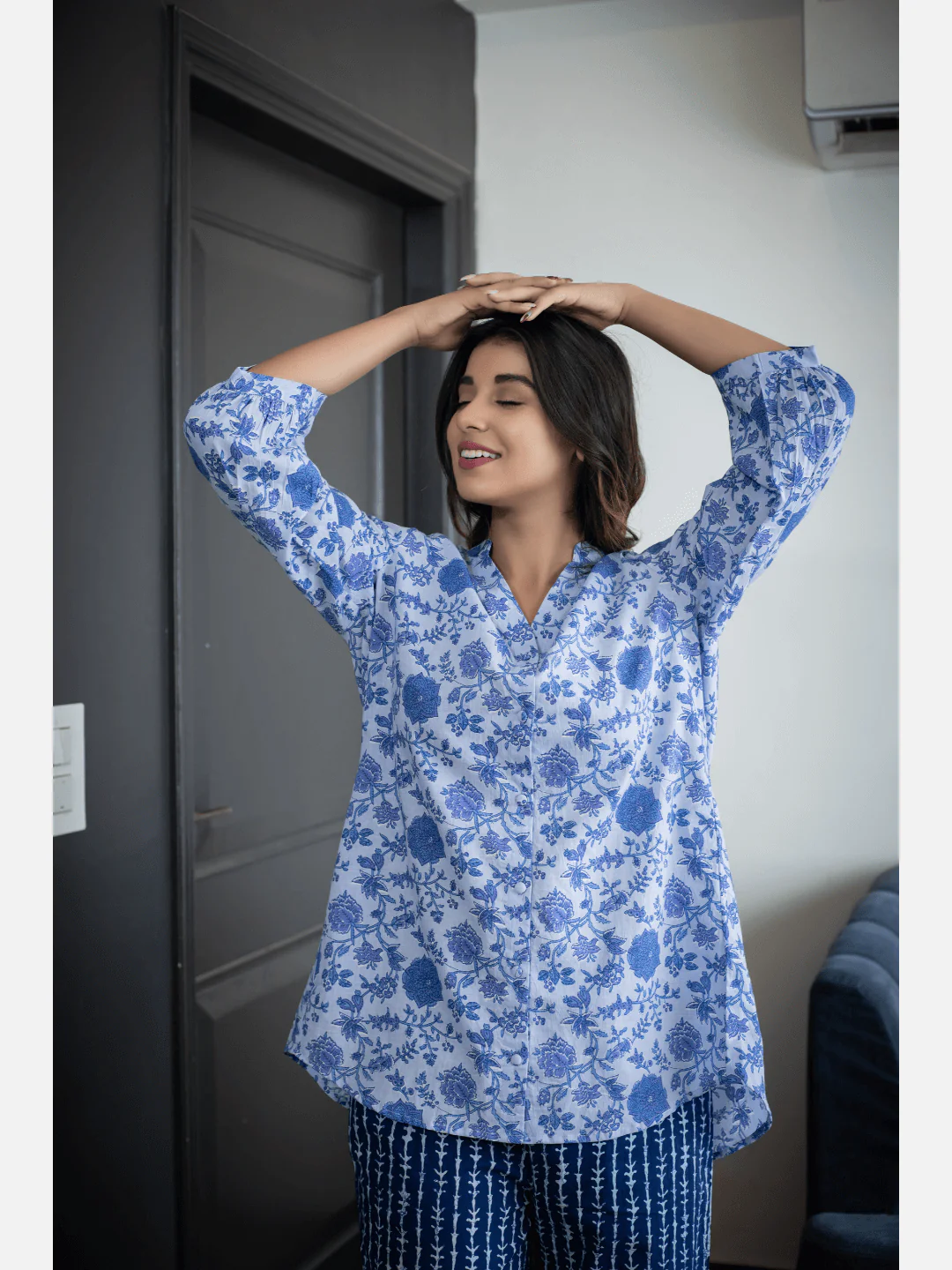 Blue Back pleated indigo Cotton Loungewear - Image 8