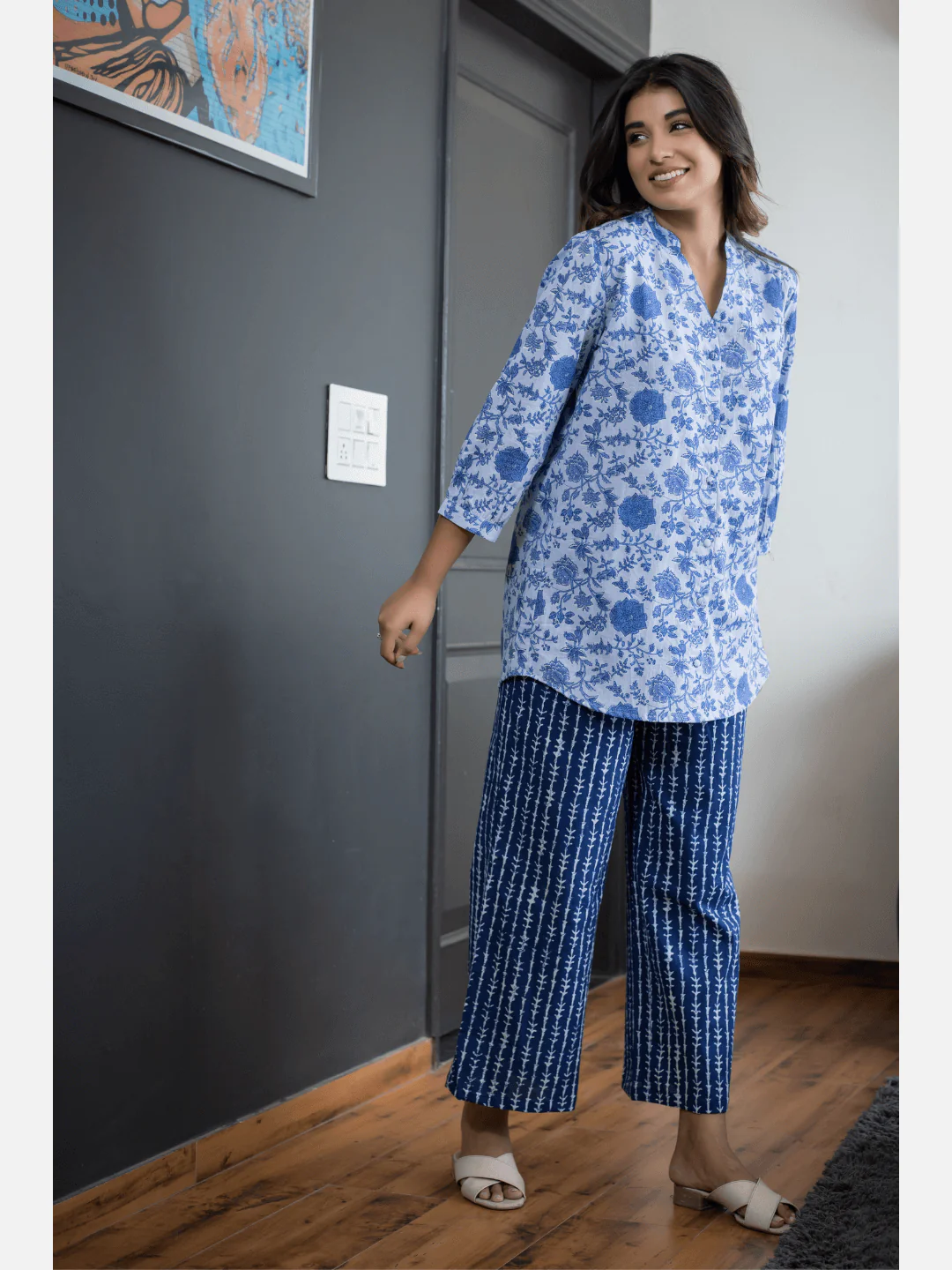 Blue Back pleated indigo Cotton Loungewear - Image 9