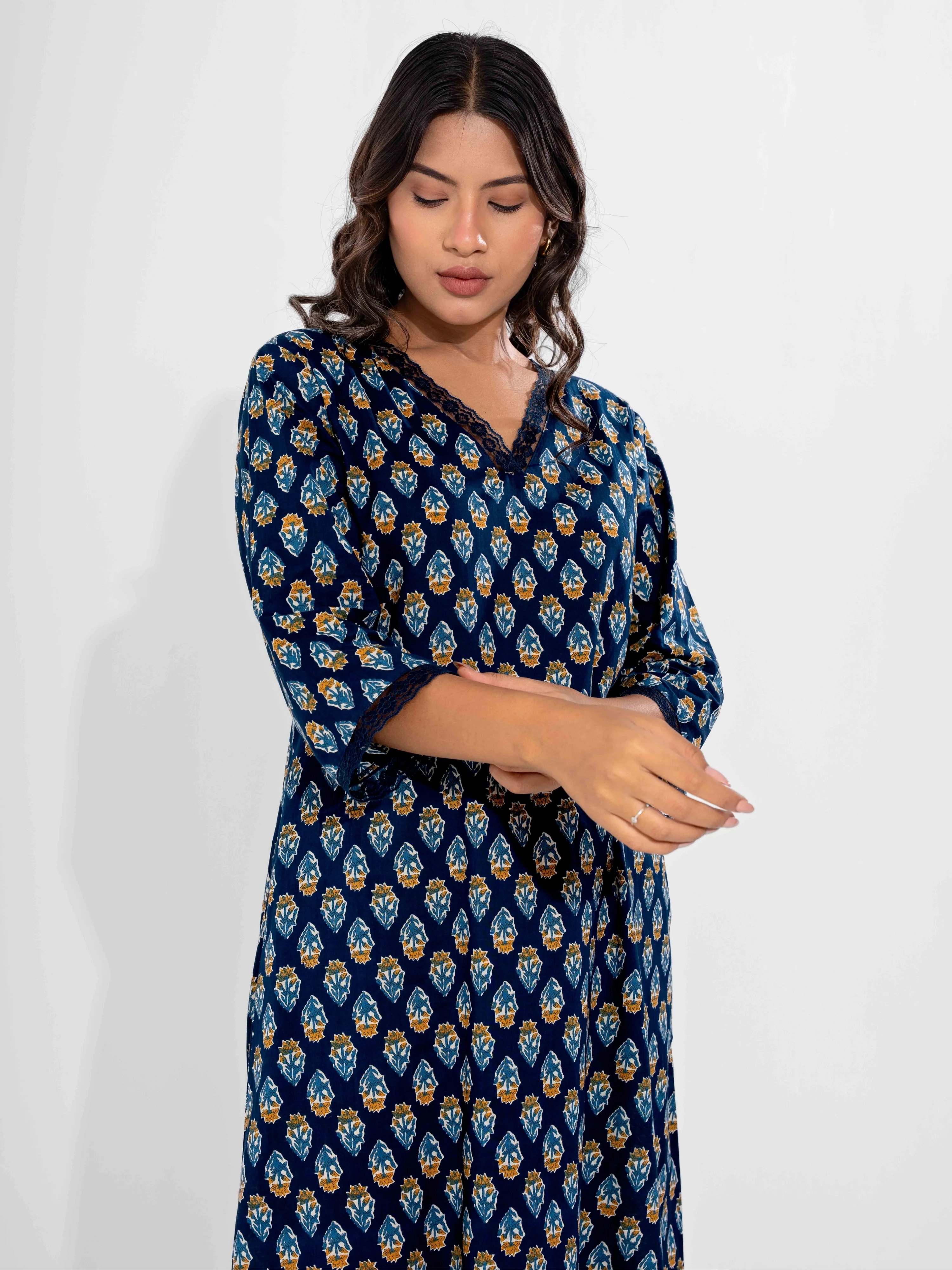Blue Buti Pure Cotton V Neck Night Maxi - Image 11