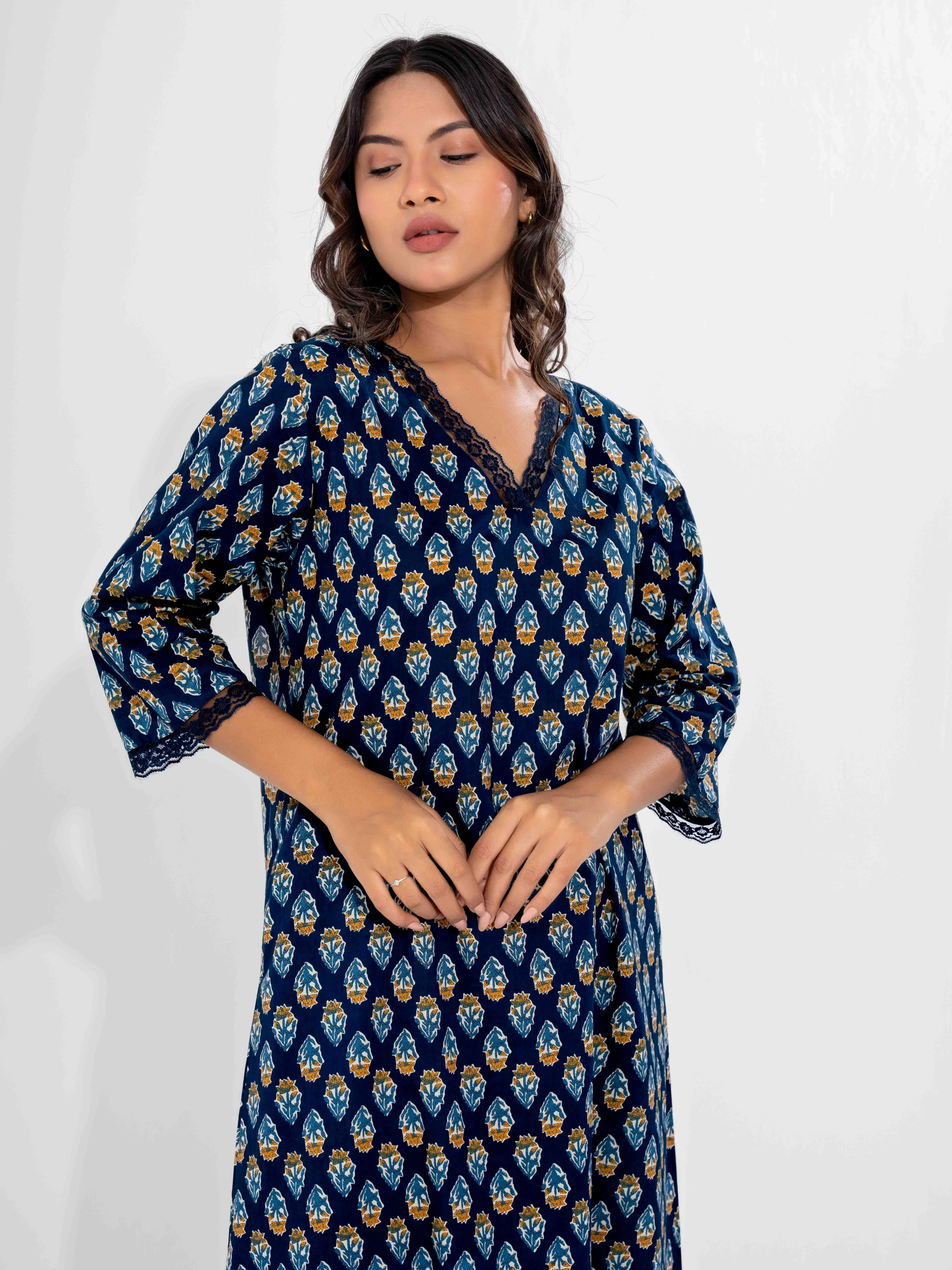 Blue Buti Pure Cotton V Neck Night Maxi - Image 12