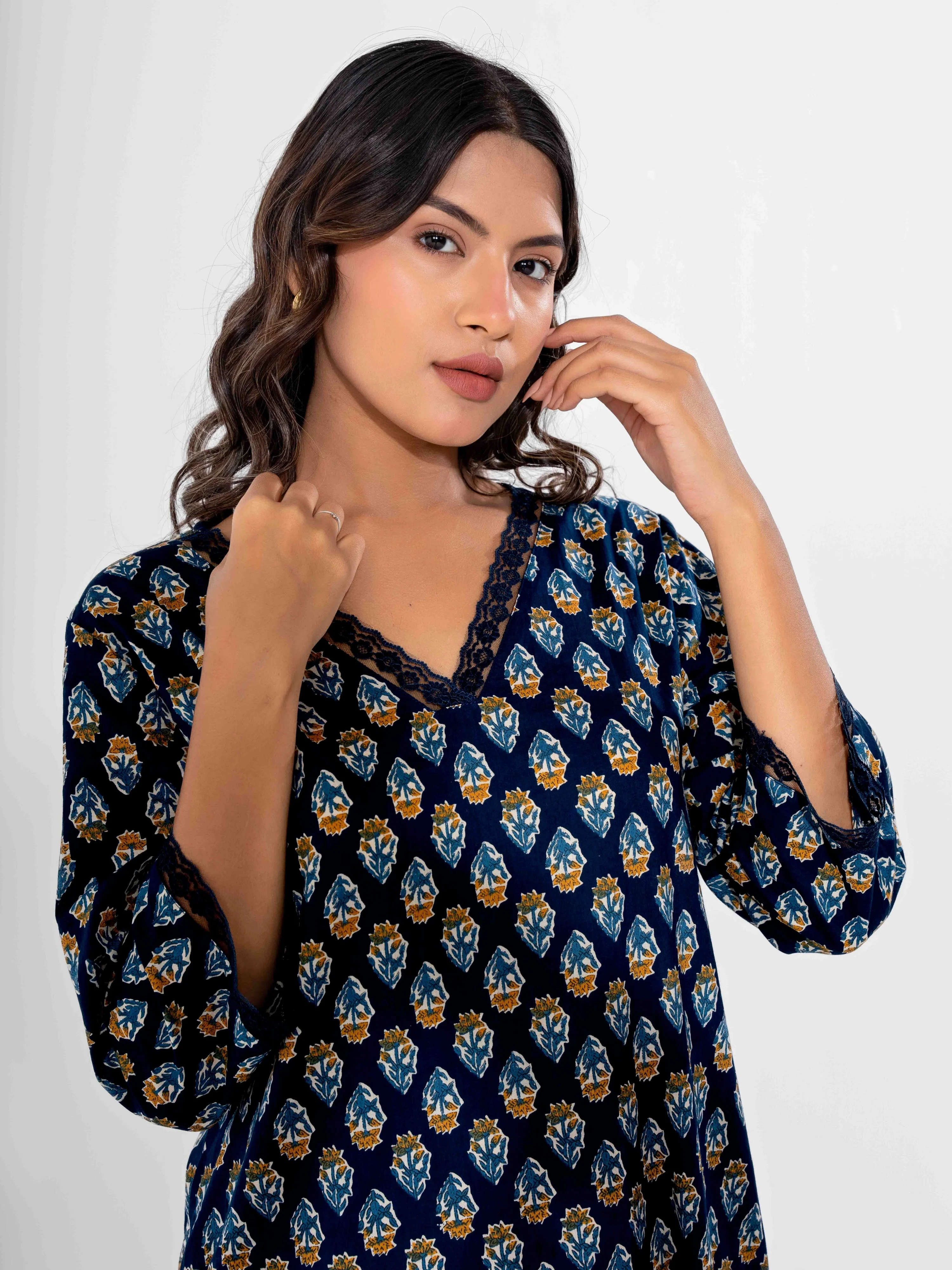 Blue Buti Pure Cotton V Neck Night Maxi - Image 13