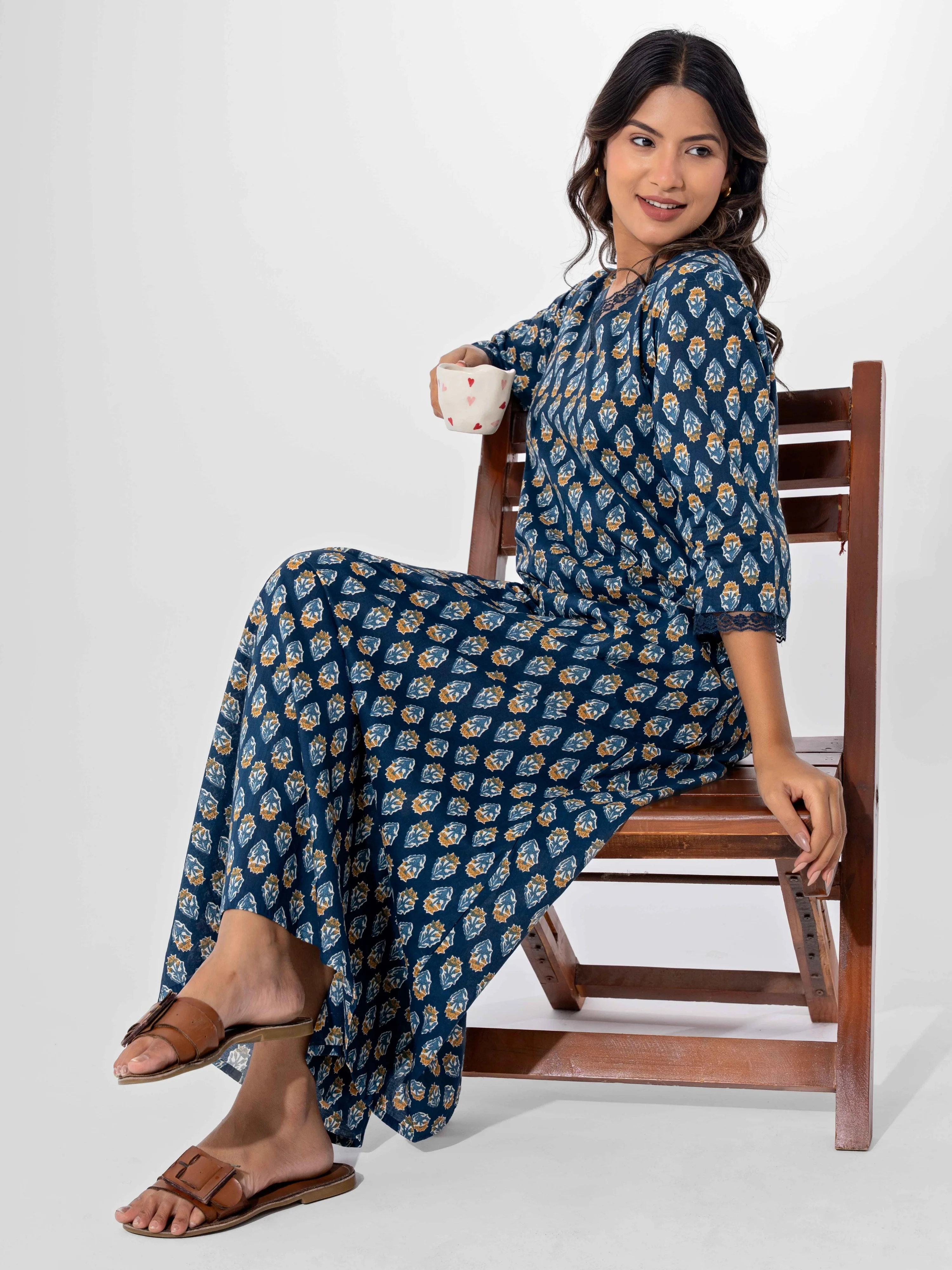 Blue Buti Pure Cotton V Neck Night Maxi - Image 14
