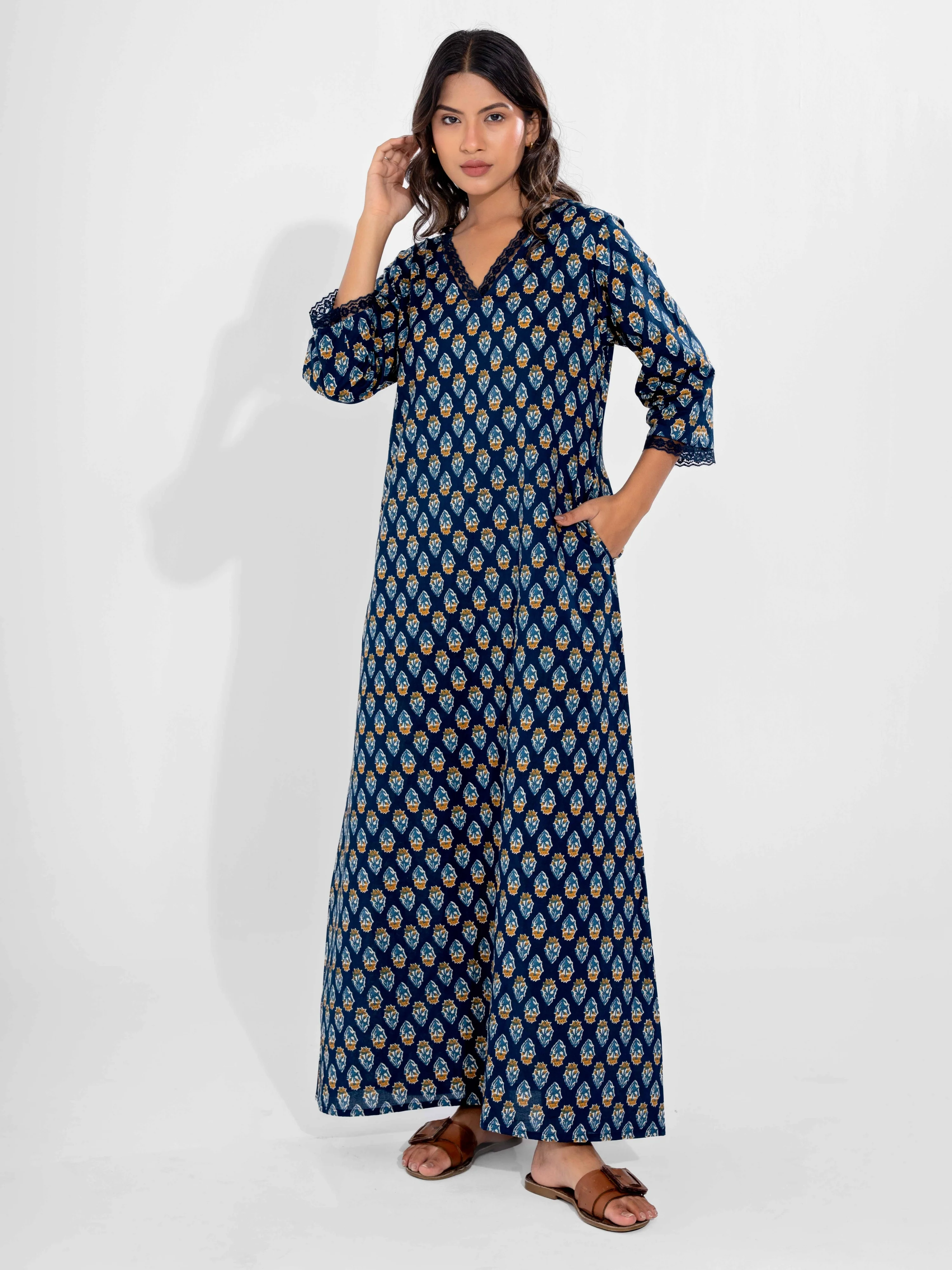 Blue Buti Pure Cotton V Neck Night Maxi - Image 2