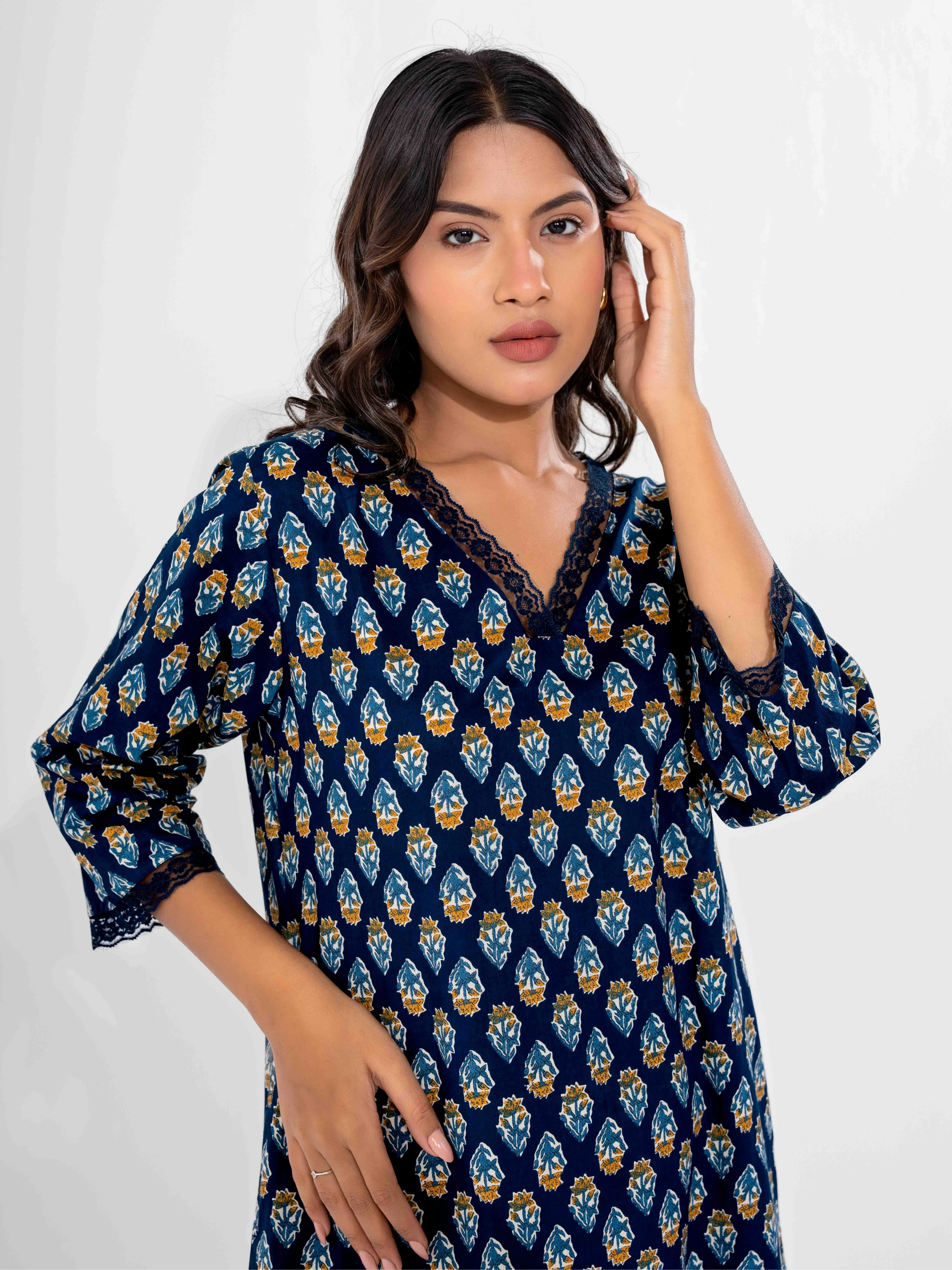 Blue Buti Pure Cotton V Neck Night Maxi - Image 3